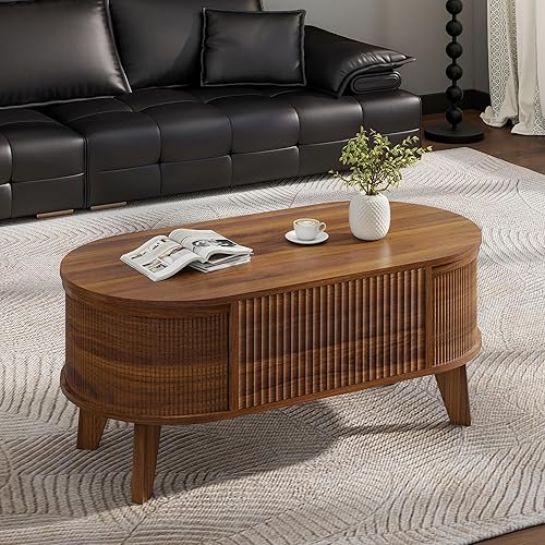 Coffee Table with Hidden Compartment, Modern Oval Coffee Table for Living Room, Home Office,Brown