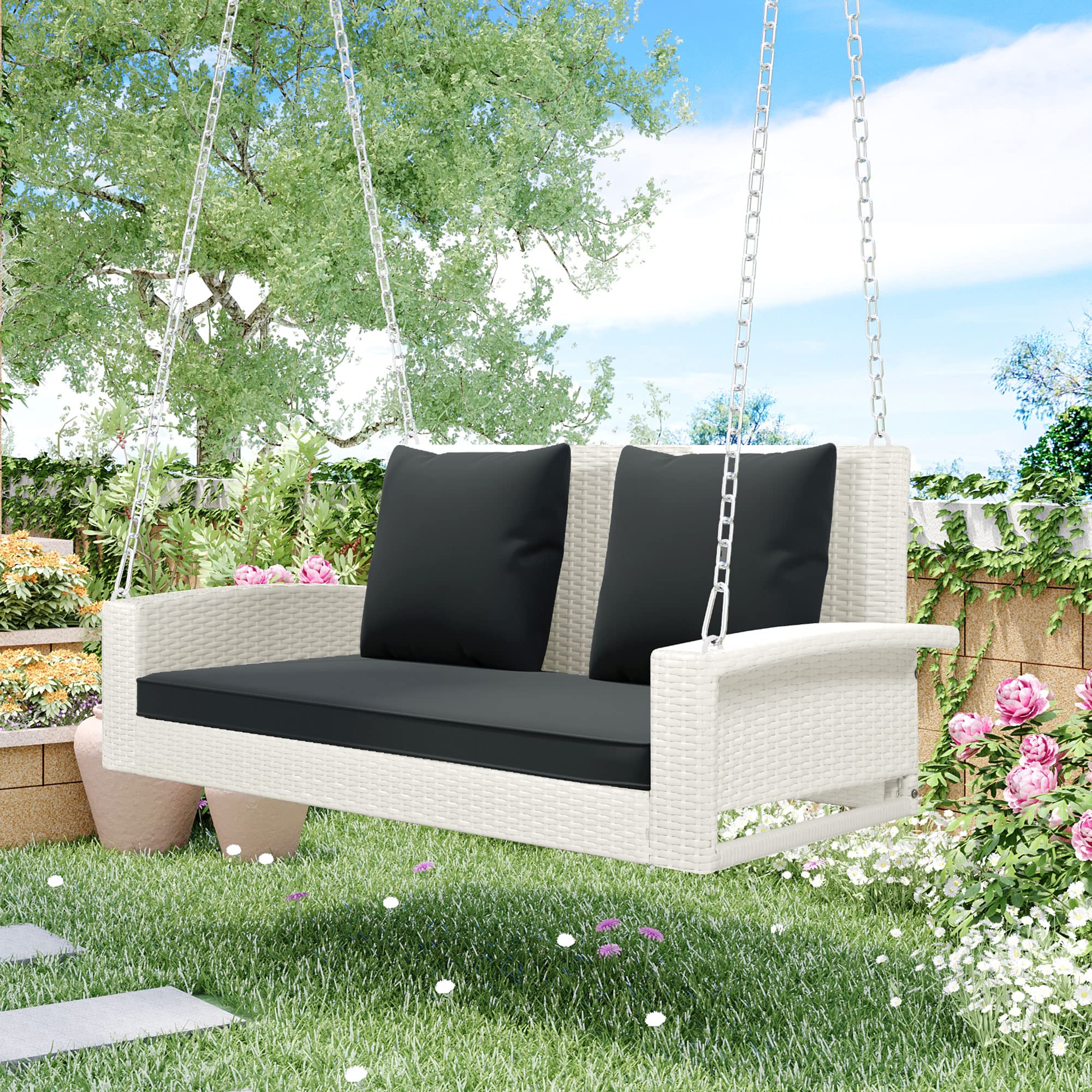 2-Person Outdoor Hanging Porch Swing Wicker Lounger Chair w/Chains Steel  Frame for Garden Backyard,All Weather PE Rattan Rocking Sofa Loveseat Bench