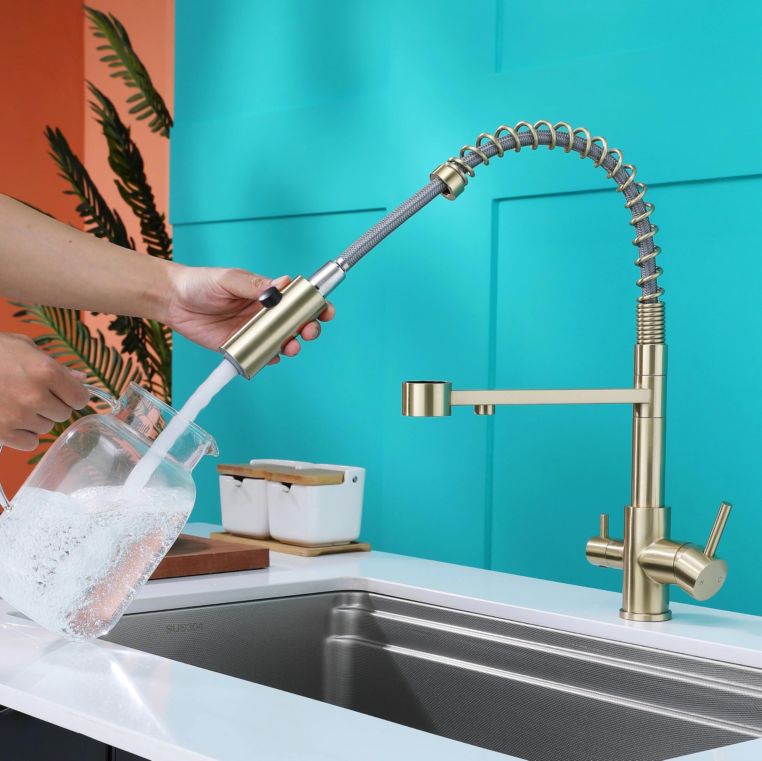 Grifo Osmosis 3 Vias Extraible, Grifo Cocina 3 Vias, Dorado Cepillado
