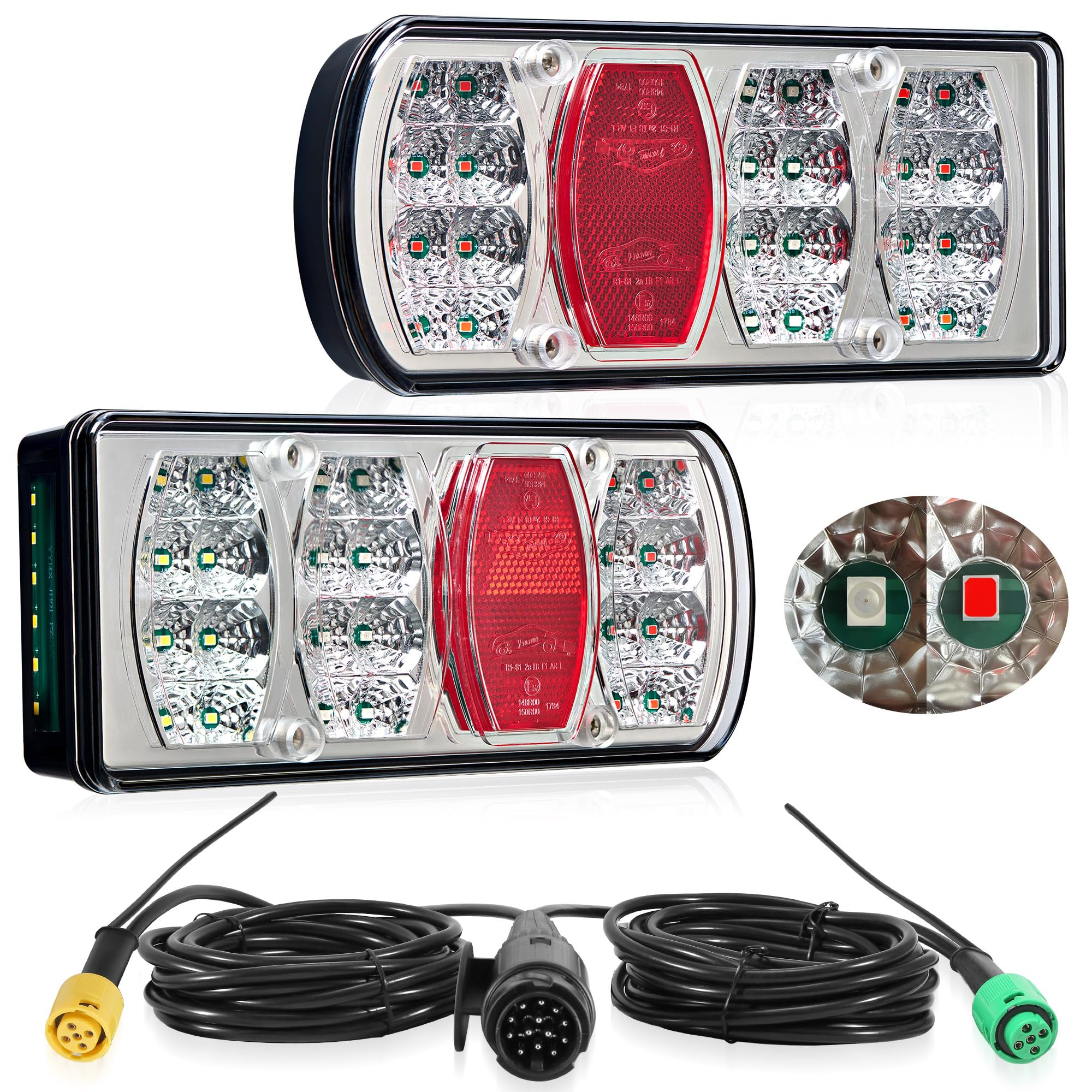 Kit Fari Rimorchio 13 Poli Fanali Posteriore Led per Rimorchio 7 Funzioni 12V/24V con 5P Baionetta Cavo Pre-Cablaggio 5,5M + Extra 25cm per Luci Posizione/Nebbia/Targa, Omologati E57 IP65