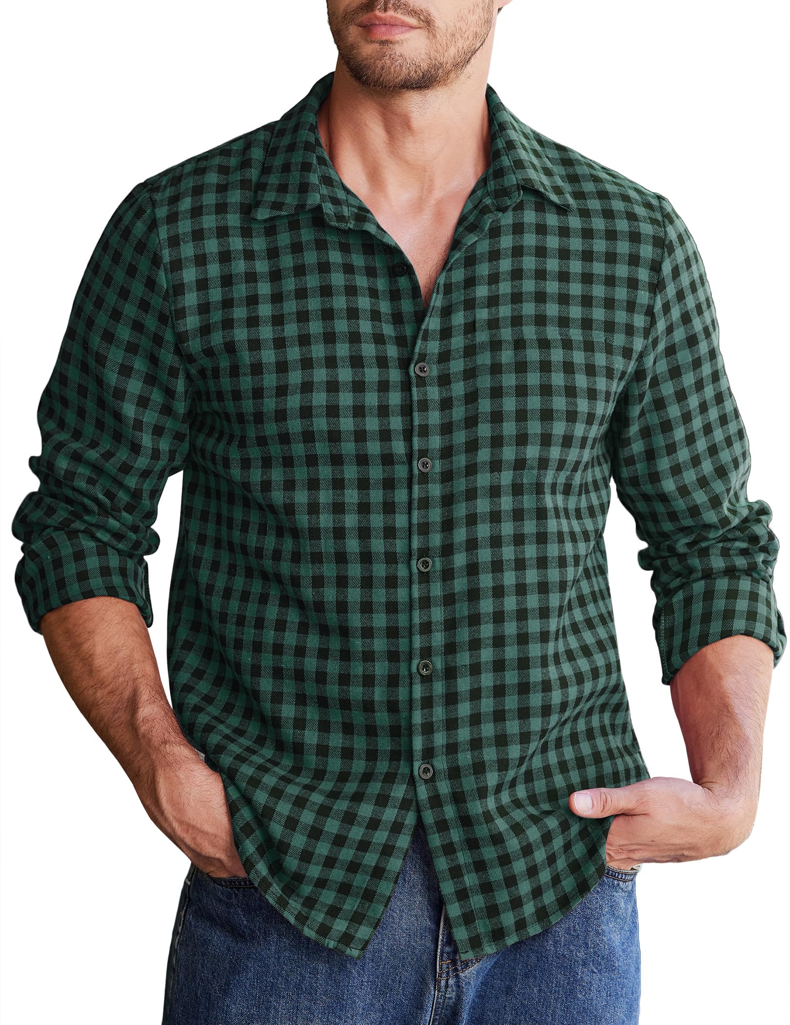 COOFANDY Herenoverhemden, flanellen hemd, lange mouwen, geruit overhemd, vrijetijdshemd voor mannen, houthakkershemd, geruit hemd met borstzakken, groen/zwart, L