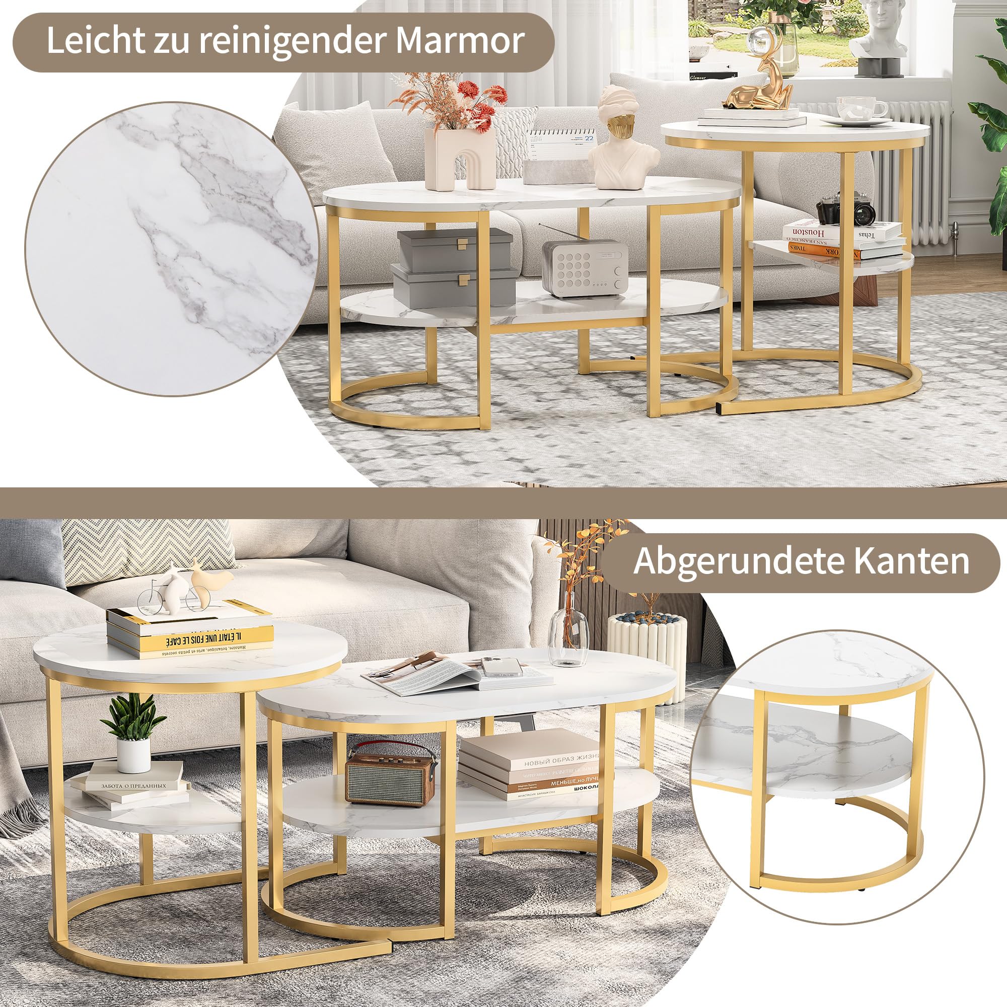 Juego de 2 mesas de café con aspecto de mármol, mesa auxiliar moderna con estructura de metal dorado, mesa auxiliar ovalada y redonda con 2 estantes para salón, mesa de café que ahorra espacio