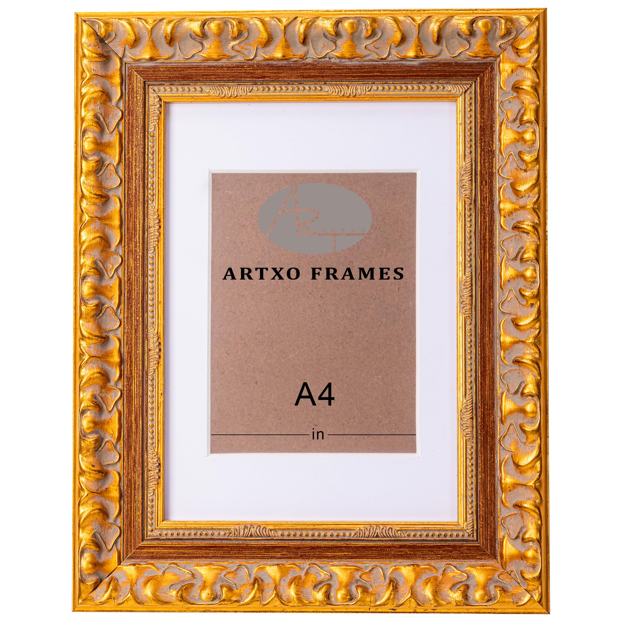 Cadre photo doré A4 orné en résine robuste et verre antireflet moderne