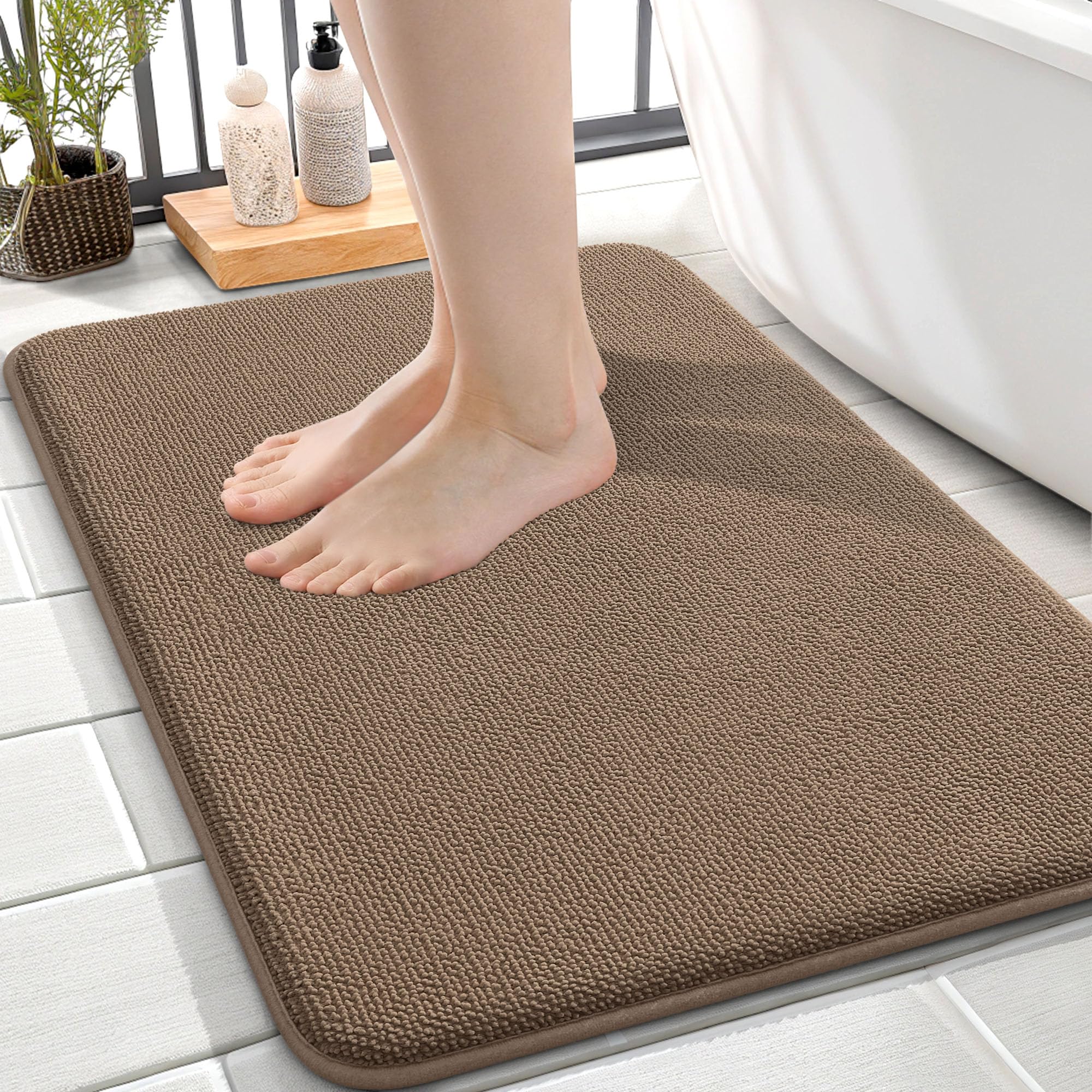 OLANLY Memory Foam Small Bathroom Rugs 24x16, Absorbent Bath Mat, Mocha