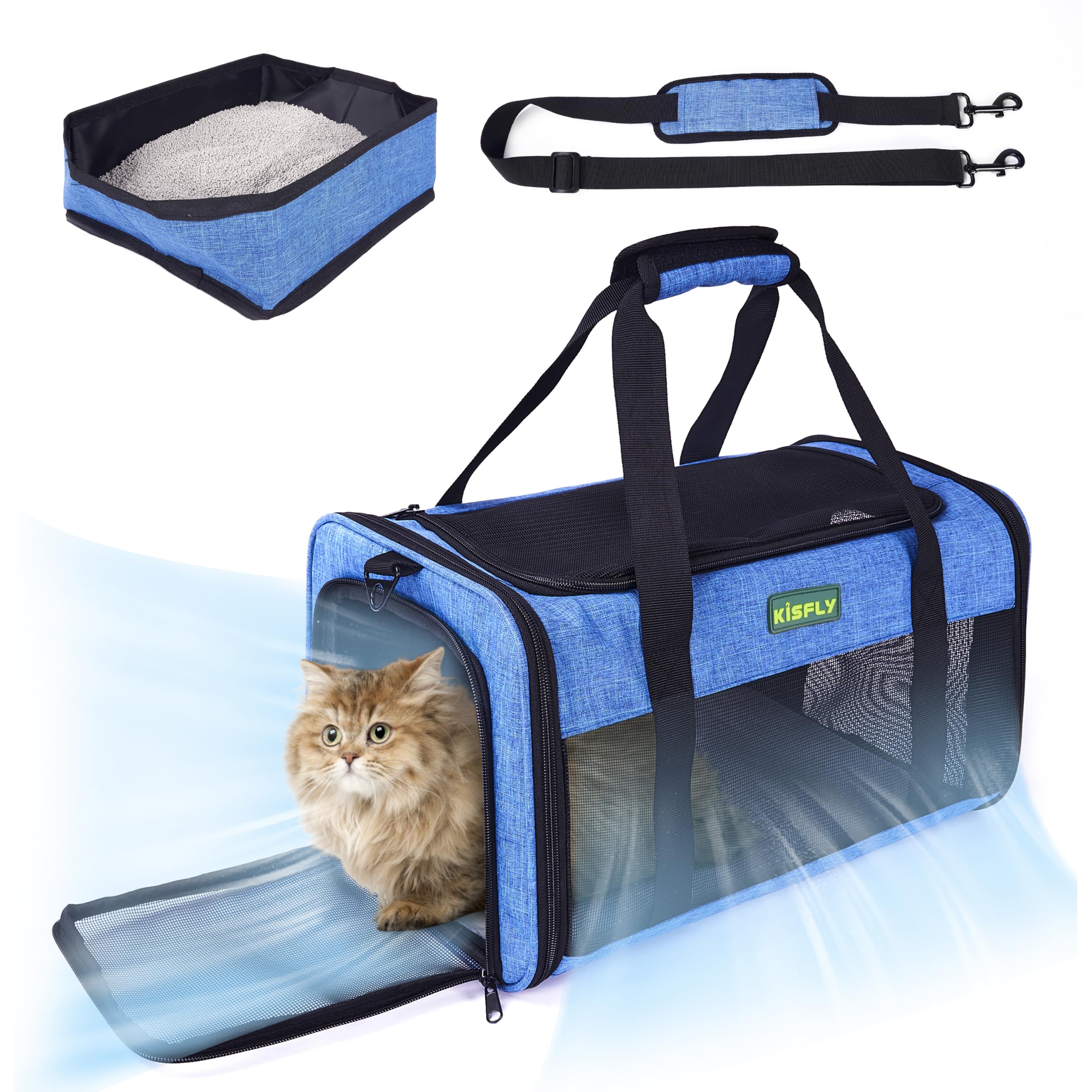 TSA Approved Pet Carrier in Cabin, 17"x11"x9.5" Soft Cat Carriers for Small Cats up to 12 lb, Top-Open Portable Dog Carrier with Litter Box and Anti-Scratch Mesh for Puppy up to 10 lb, Blue