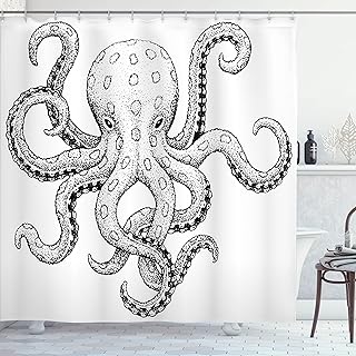 Ambesonne Octopus Shower Curtain, Sketch Style Print of Deadly Blue Ringed Octopus Camouflage Marine Animal Aquatic, Cloth...