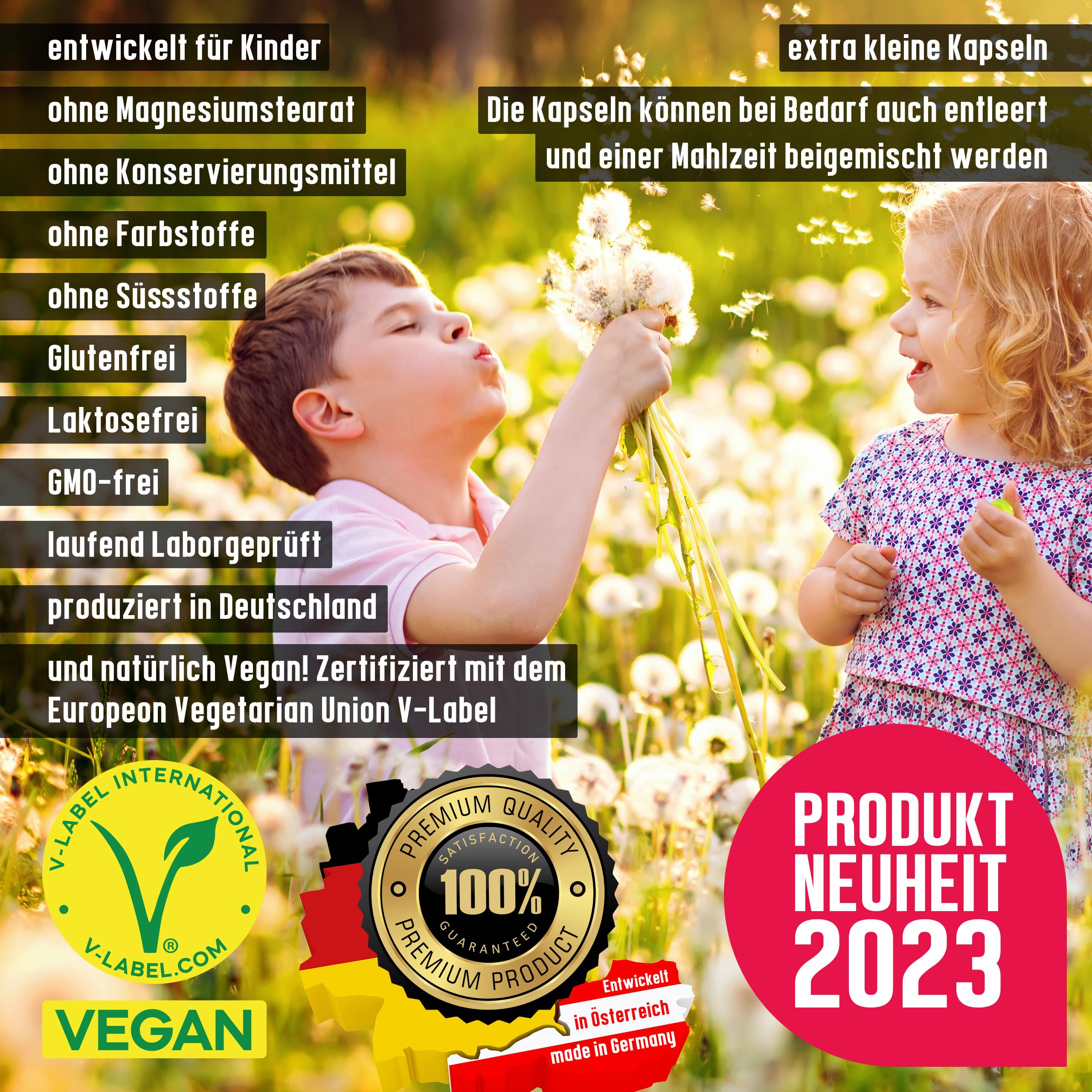 Vegan Kids All-in-One - Vitamin B12+D3+K2+B2+B6+B9 Folsäure + Zink + Eisen + Selen + Natrium + Kalium + Jod - Komplex für Kinder mit 120 Kapseln (max. 4 Monats-Vorrat)… (Packung mit 2)