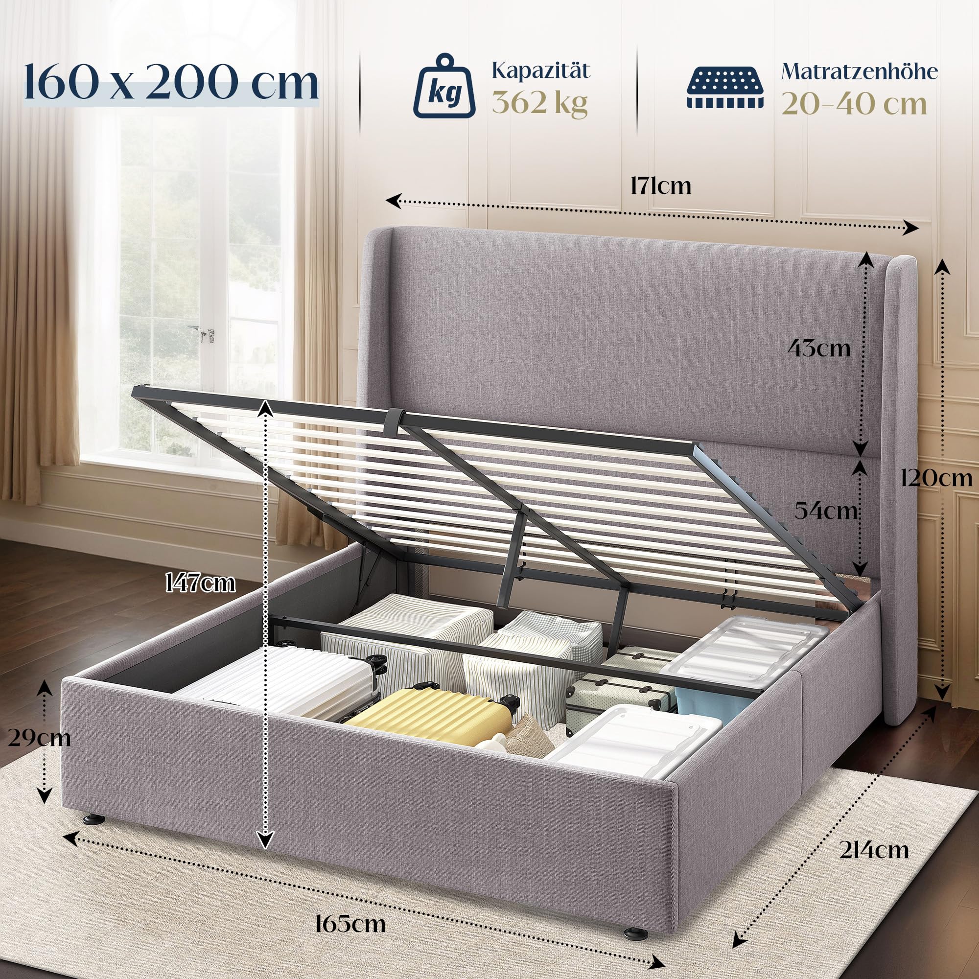 LUXOAK Polsterbett 160x200 mit Stauraum, Hydraulischer Bettkasten, Wingback Kopfteil 120 cm, Gepolstertes Bettgestell mit Lattenrost(Grau, 160 x 200 cm)