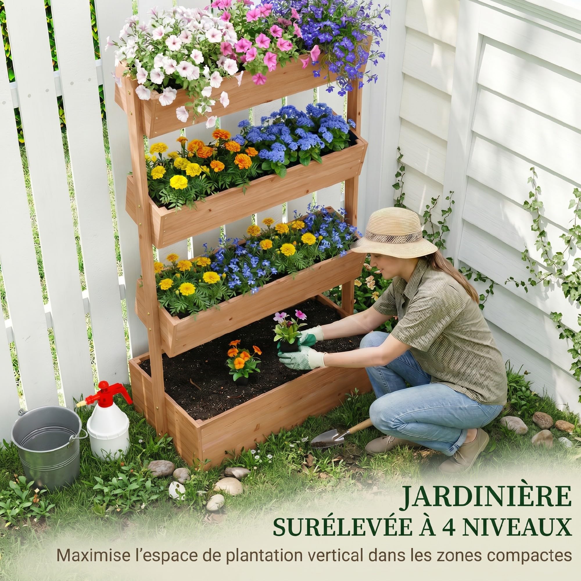 Outsunny Jardinière Surélevée en Bois à 4 Niveaux, Carré Potager de Jardin avec Doublure en Tissu et Trous de Drainage pour Légumes, Herbes, Fleurs, 85x45x140cm, Marron