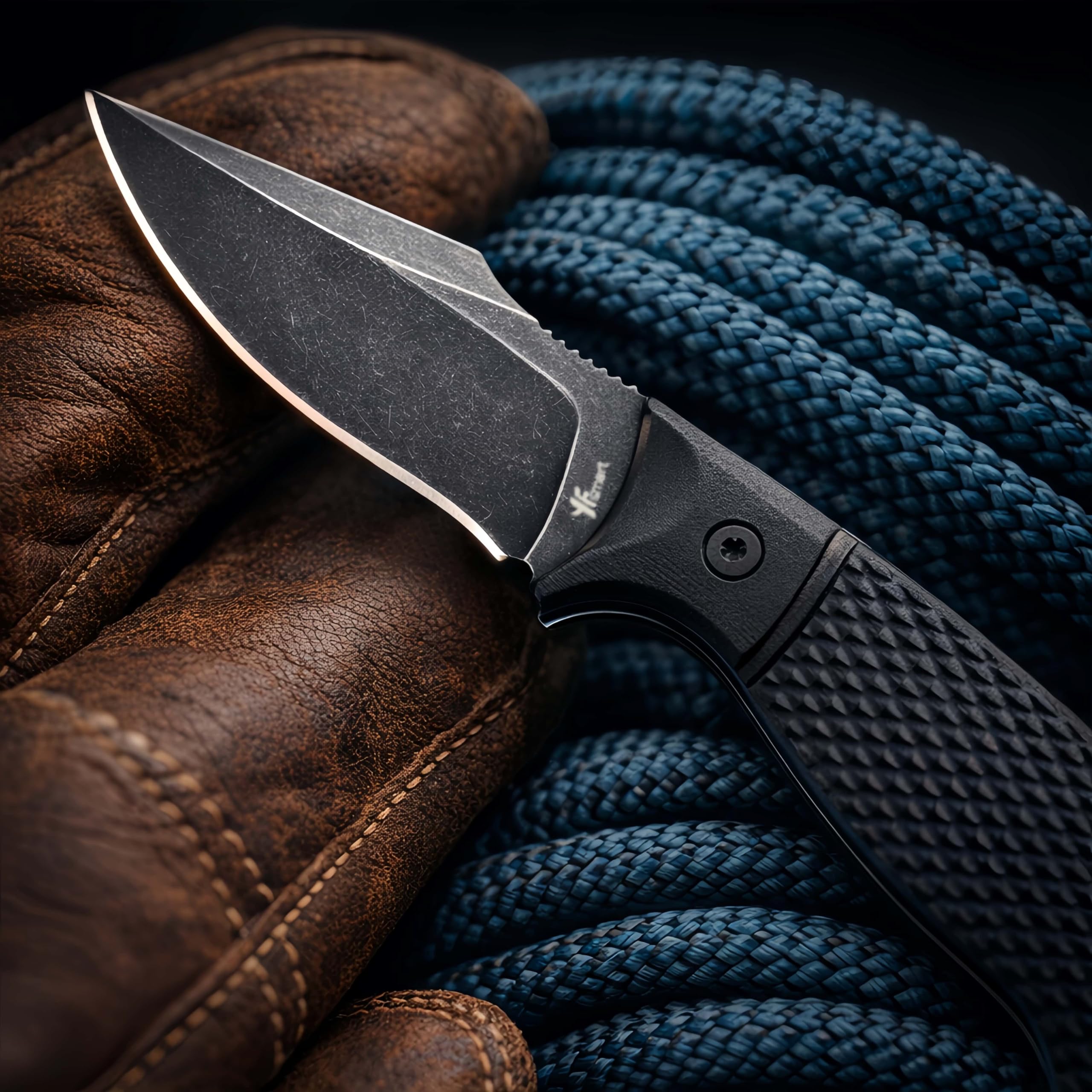 Coltello piccolo con lama fissa: coltello EDC compatto con lama arpione lunga 7,2 cm, manico G-10 testurizzato, ontano continuo, finitura stonewash scuro, fodero stampato a iniezione e Gü