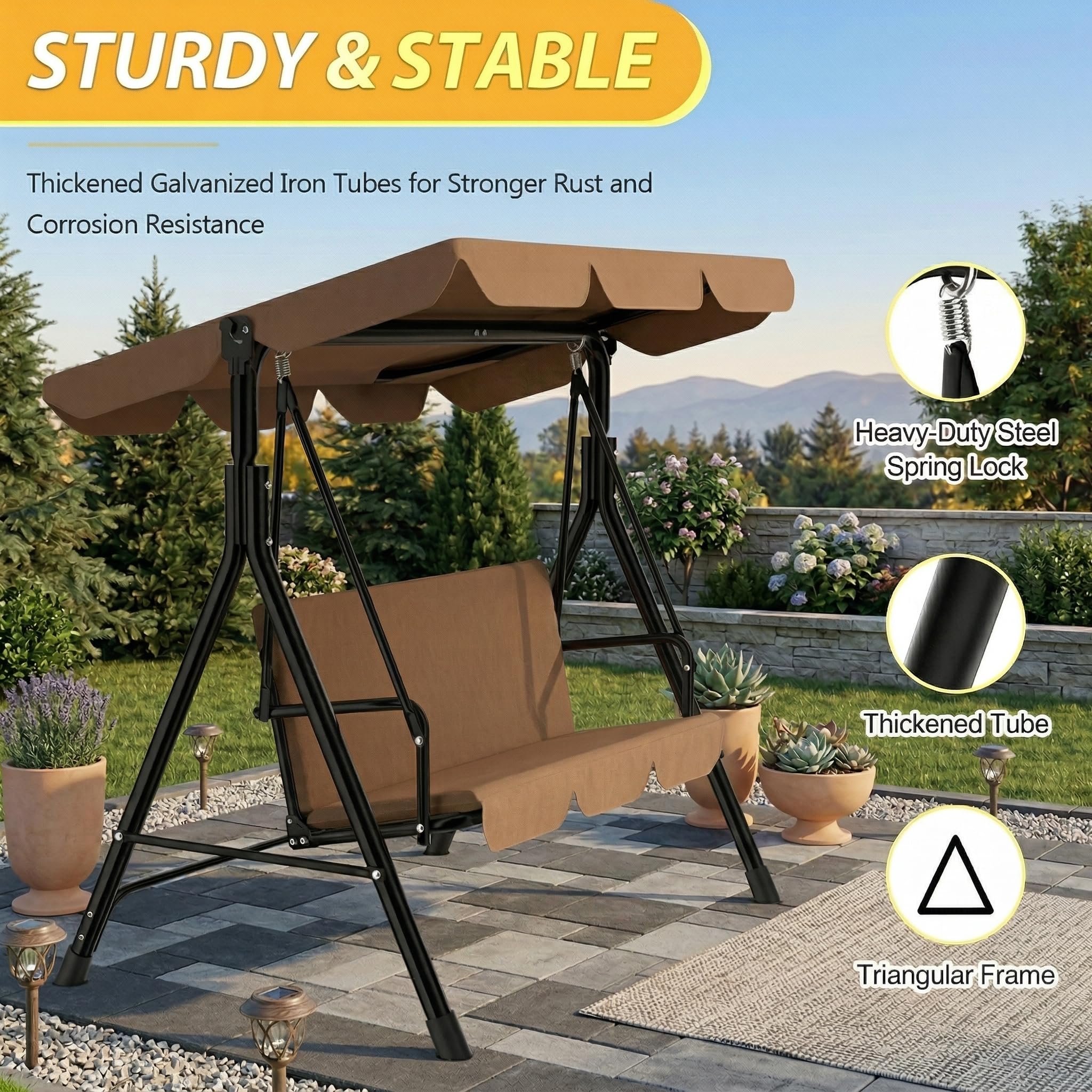 Dondolo a 3 posti, marrone scuro, con tetto regolabile e imbottitura confortevole da 6 cm, telaio in acciaio 200 kg, resistente alle intemperie, per esterni, marrone scuro, 175 x 110 x 152 cm