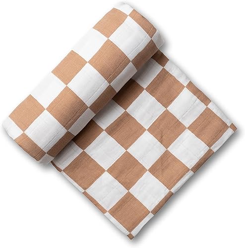 Miniatura 6 de Miaoberry Juego de envoltura de muselina 100  orgánica café con leche a cuadros con sombrerodiadema a juego