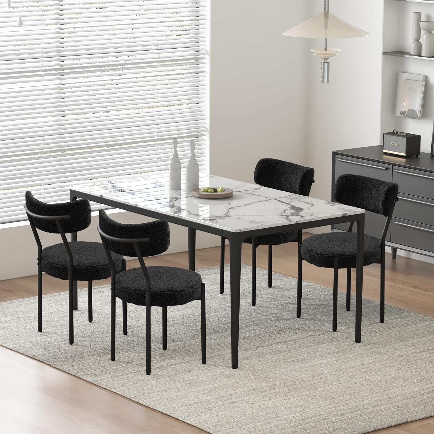 Boucle Dining Chairs Set of 4, Upholstered Dining Chairs with Curved Backrest, Round Modern Dining Chair with Black Metal Legs for Dining Room, Vanity, Black