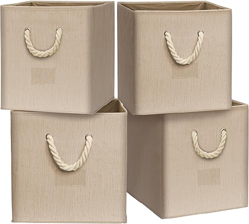 Simple Houseware Paquete de 4 cubos de almacenamiento con asas trenzadas, color beige