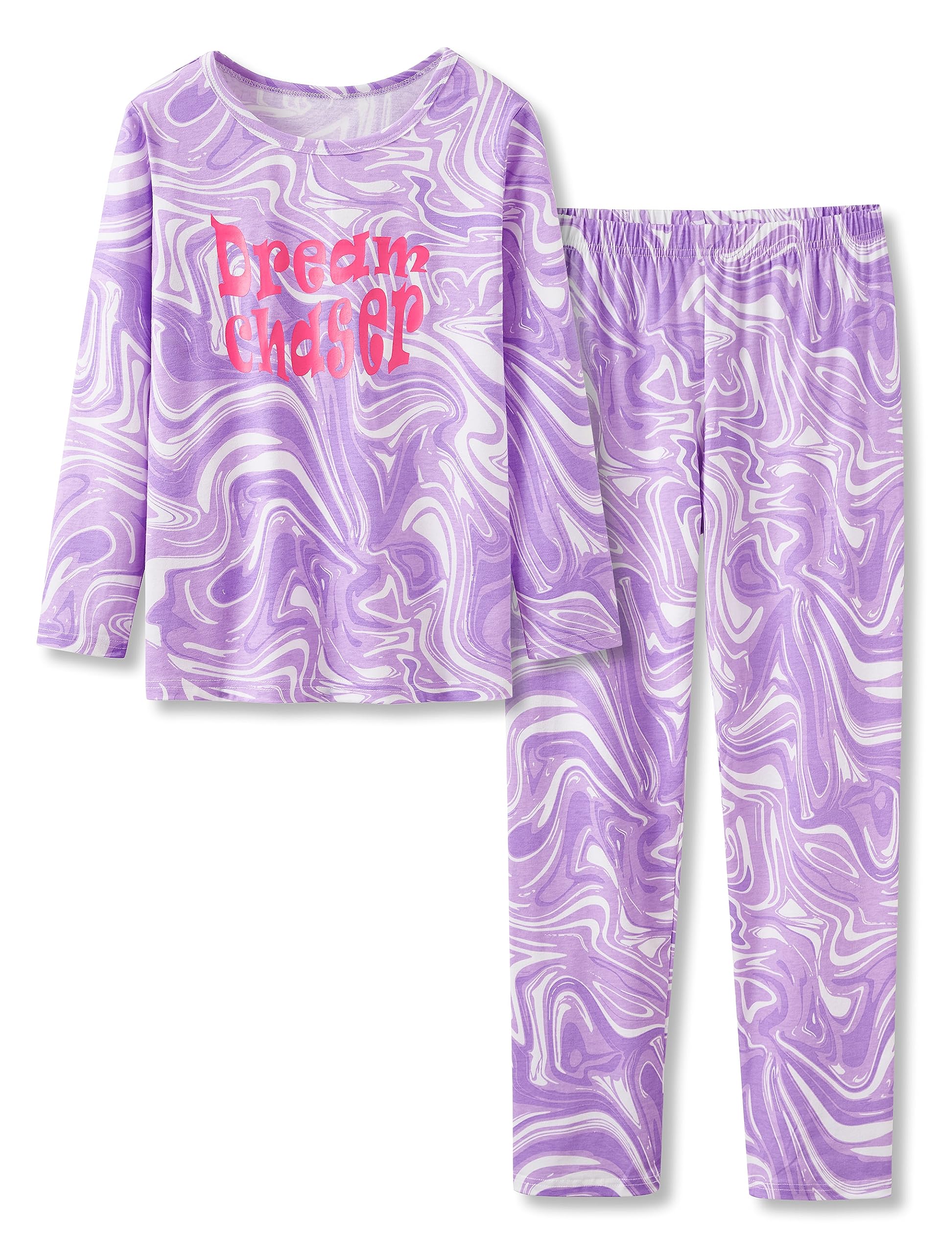 Beezizac Pajamas for Girls 2-Piece Marble/Checker/Cat/Panda Print Long Sleeves Shirt & Pants PJ Set Jammies Size 4T-18