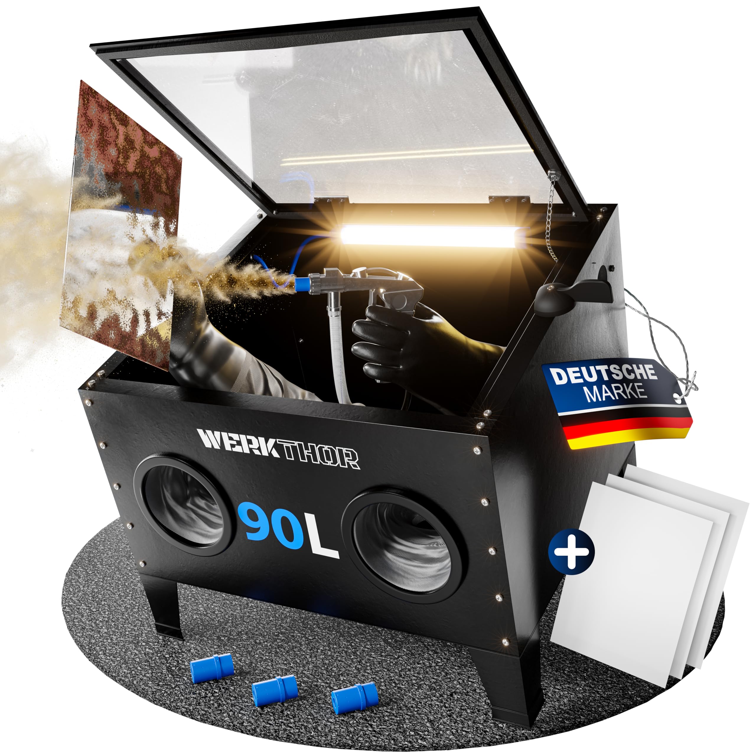 Werkthor Sandstrahlkabine 90 Liter - Sandstrahlgerät für Holz & Metall mit Strahlpistole & 4 Keramikdüsen - Sandstrahler zur Aufbereitung - 25 Gallonen