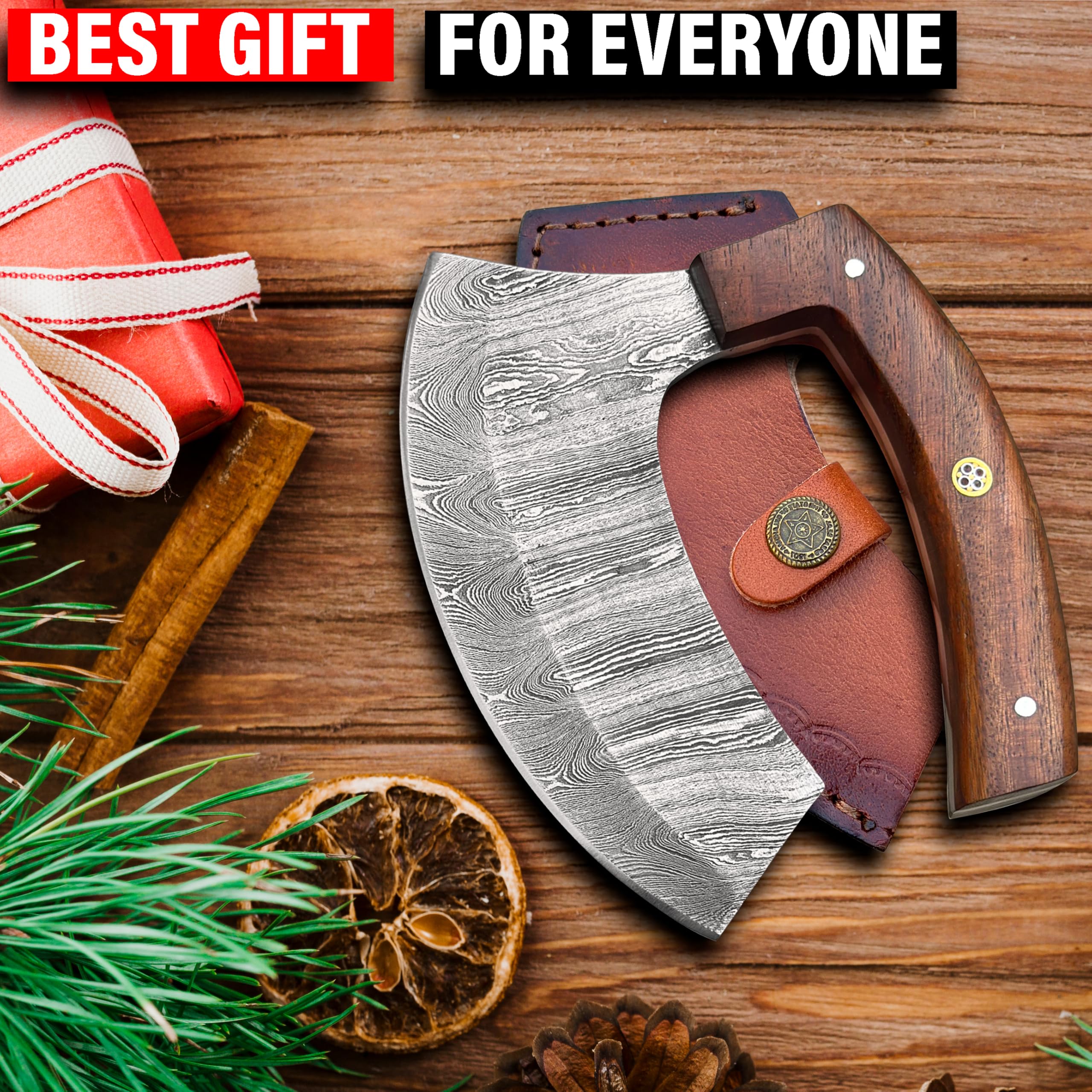 SNA CRAFTS Alaskan ulu knife with sheath - Handmade Damascus Steel ulu knives - Perfect Pizza cutter rocker knife for chopping, mincing and slicing. (Brown)