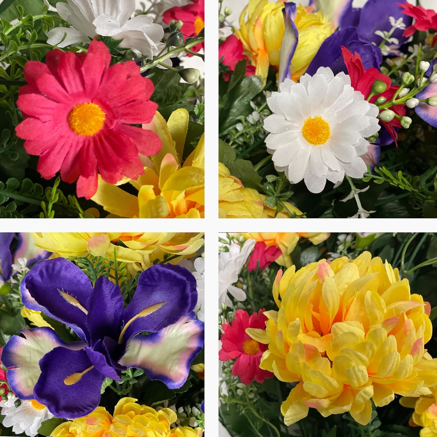 Purple Iris, Yellow Mums & Daisies - 36 Flowers in Bouquet - Sympathy Silks Flowers For Cemeteries - Cemetery Flowers for Grave - Mothers Day Spring Summer Arrangement