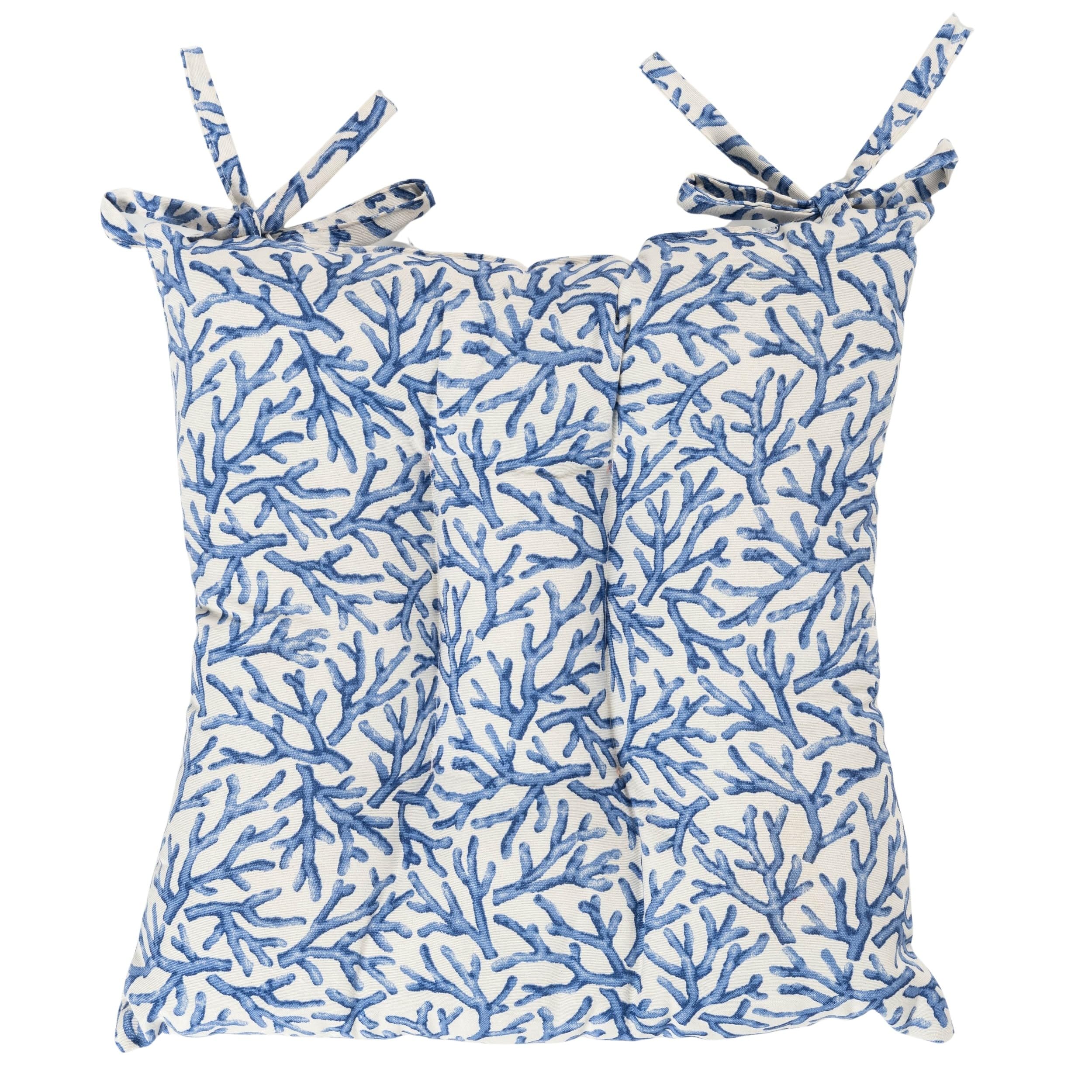 Linen Loft Blue Coral Reef Quilted Fibre Seat Pad In And White. Nautical And Botanical Style, Luxury Dining Chair Pad With Ties. Deep-Filled & Supersoft. 16X16" X 3"