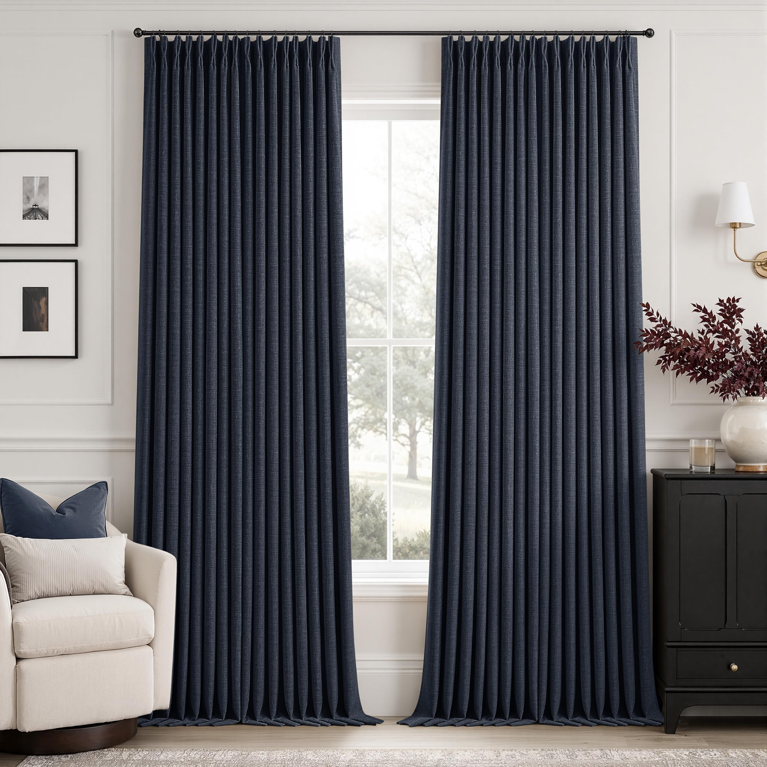 Photo 1 of TWODRAPES Navy Blue Pinch Pleated Blackout Linen Curtains, 50" x 108" (2 Panels)