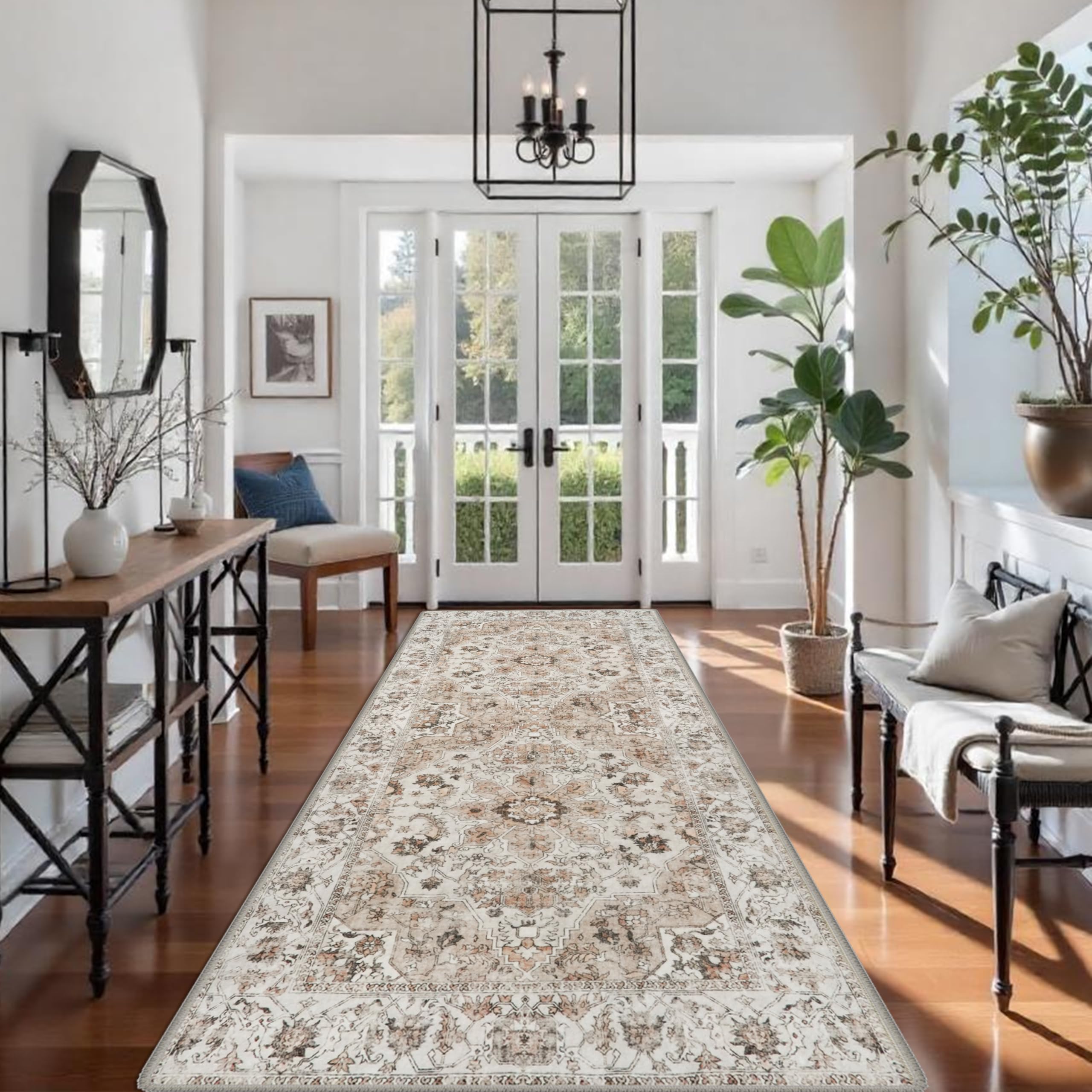 Washable Hallway Runner Rug 4x10: Non Slip Runner Rugs with Rubber Backing Soft Kitchen Rug Farmhouse Distressed Carpet Runner for Living Room Bedroom Bathroom (Beige, 4X10)