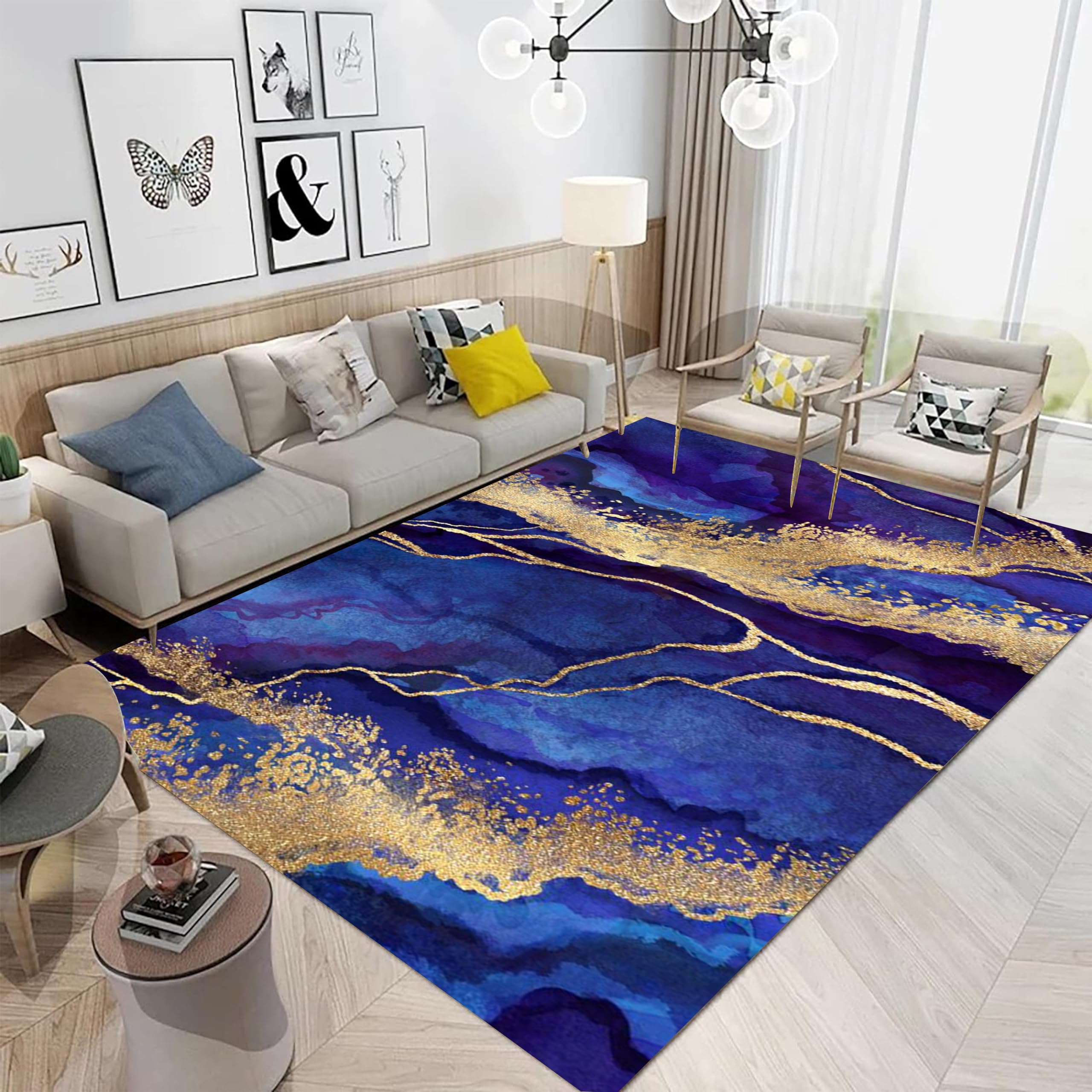 Navy Blue Gold Marble Area Rug，4x5ft, Marble Stripe Classic Rug，Luxury Abstract Bedroom Decor Carpet， for Teen Room Living Room Office Dining Indoor