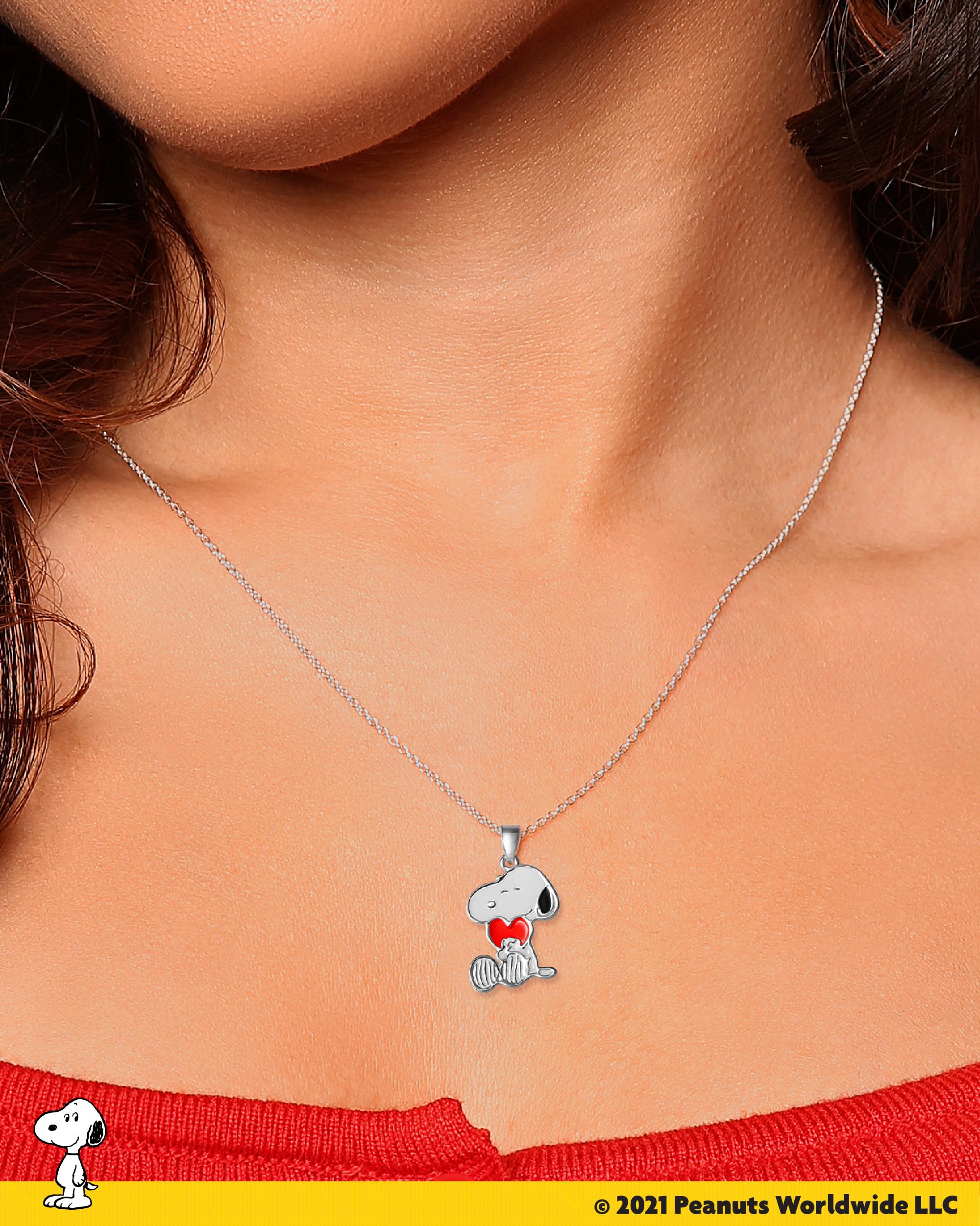 Peanuts Snoopy Heart Necklace for Women 16"+2" Official License, Silver Flash-Plated