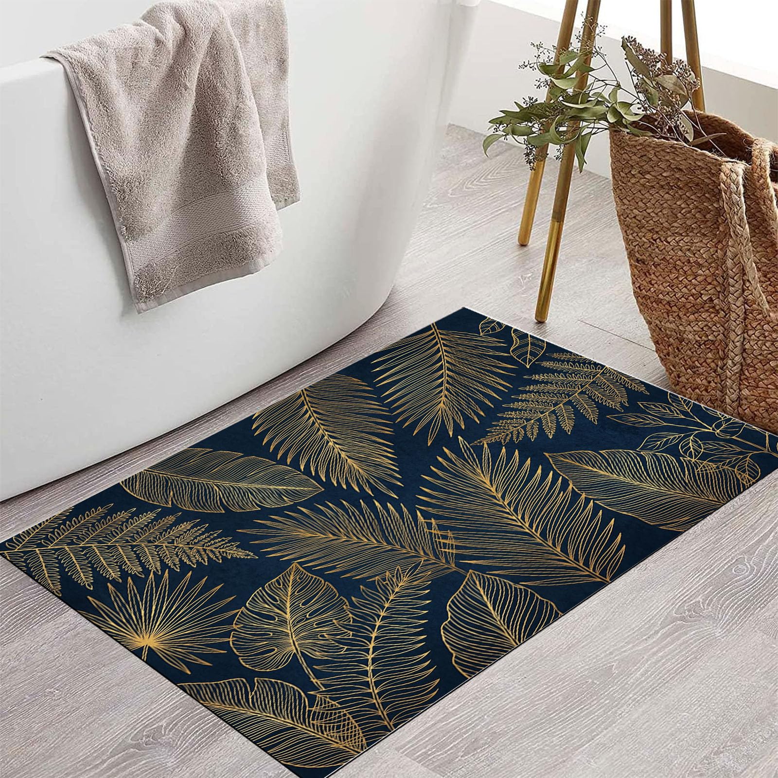 Zerbino Ingresso Interno Texture Fogliare Di Lusso, Zerbino Di Benvenuto Lavabile Morbida Retro Tropical Plants, Antiscivolo Tappeto Da Decorazioni Nero Per Casa Porta D'Ingresso, 90X150Cm