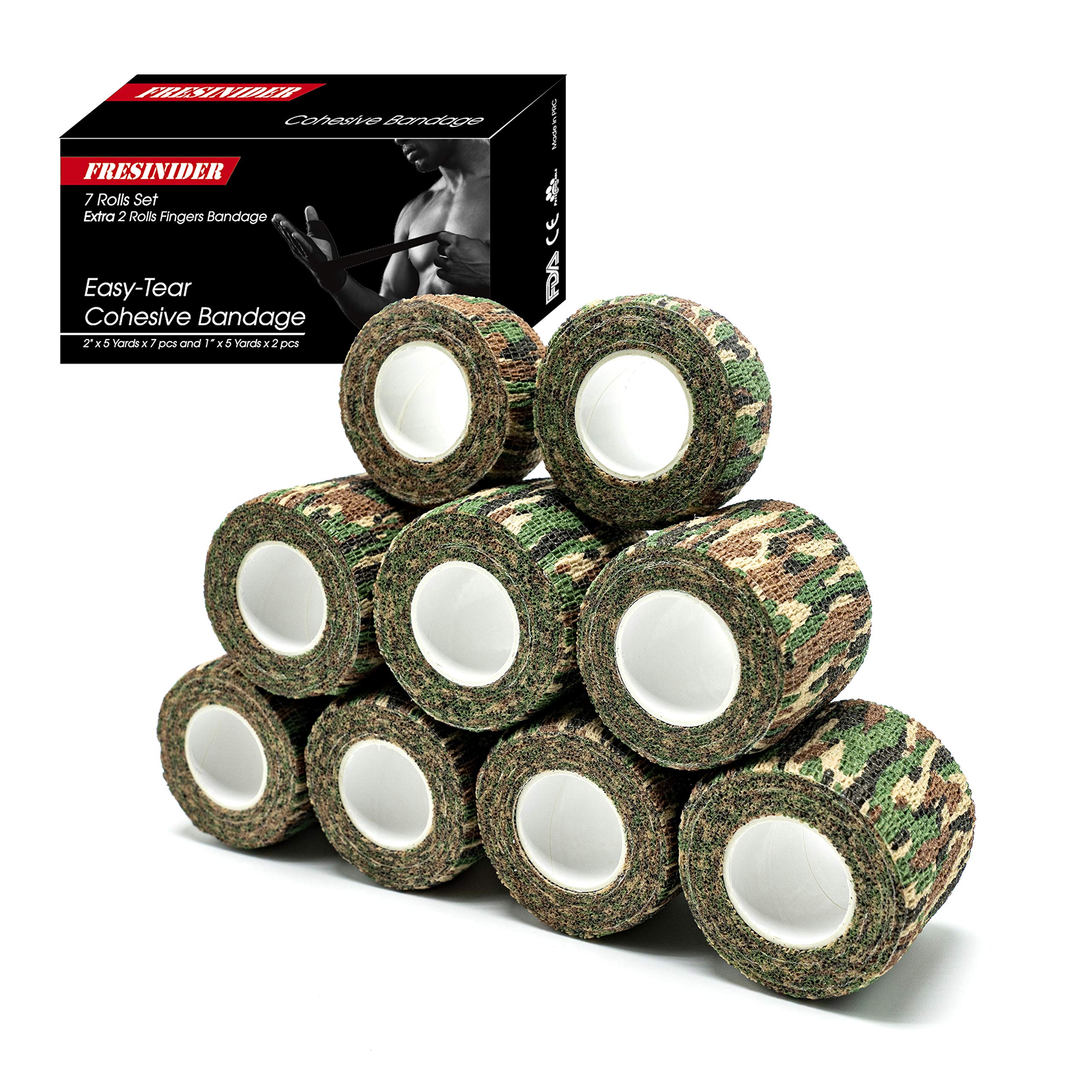 FRESINIDER 9 Rolls Self Adhesive Wrap Athletic Tape Gauze, Breathable Elastic Cohesive Bandage for Sports Injury & Pet (7 Pcs 2" x 5 Yards + 2 Pcs 1" X 5 Yards) (Asian Tiger Camo)