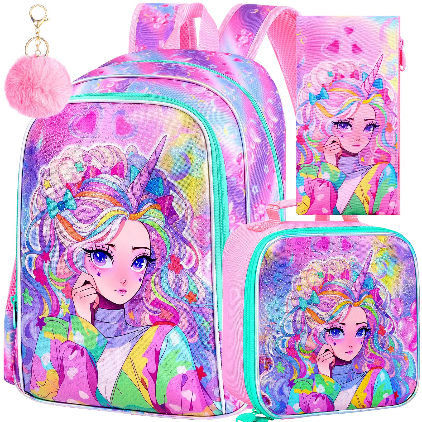WZLVO 3PCS Unicorn Backpack for Girls, 16" Kids Preschool Bookbag with Lunch Box, Water Resistant School Bags Set for Elementary Kindergarten Toddler