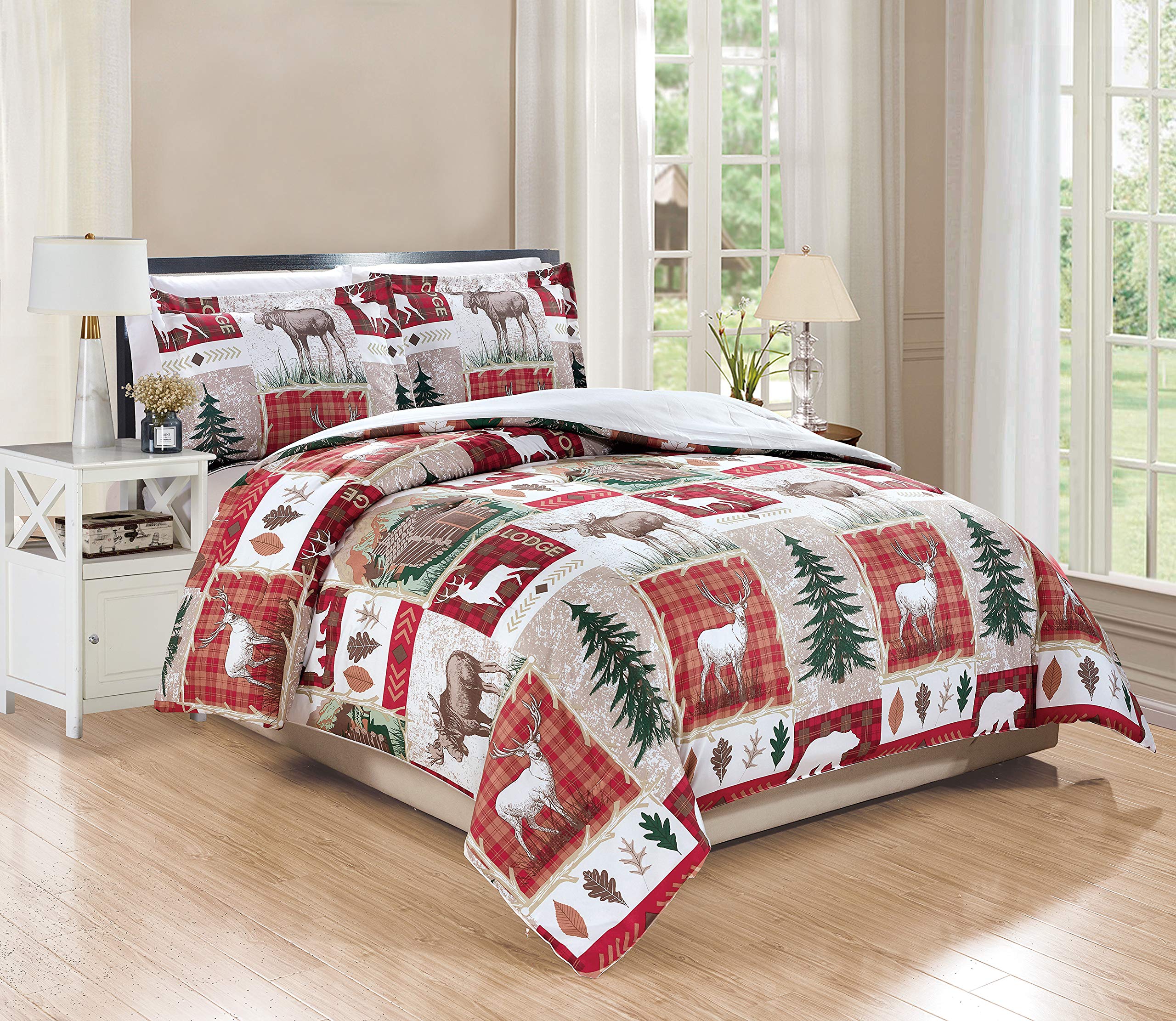 GrandLinen 3-Piece Fine Printed Duvet Cover Set King Size - 1500 Series high Thread Count Brushed Microfiber - Luxury, Soft, Durable (Lodge, Cabin, Moose, Bear, Elk, Red Plaid)