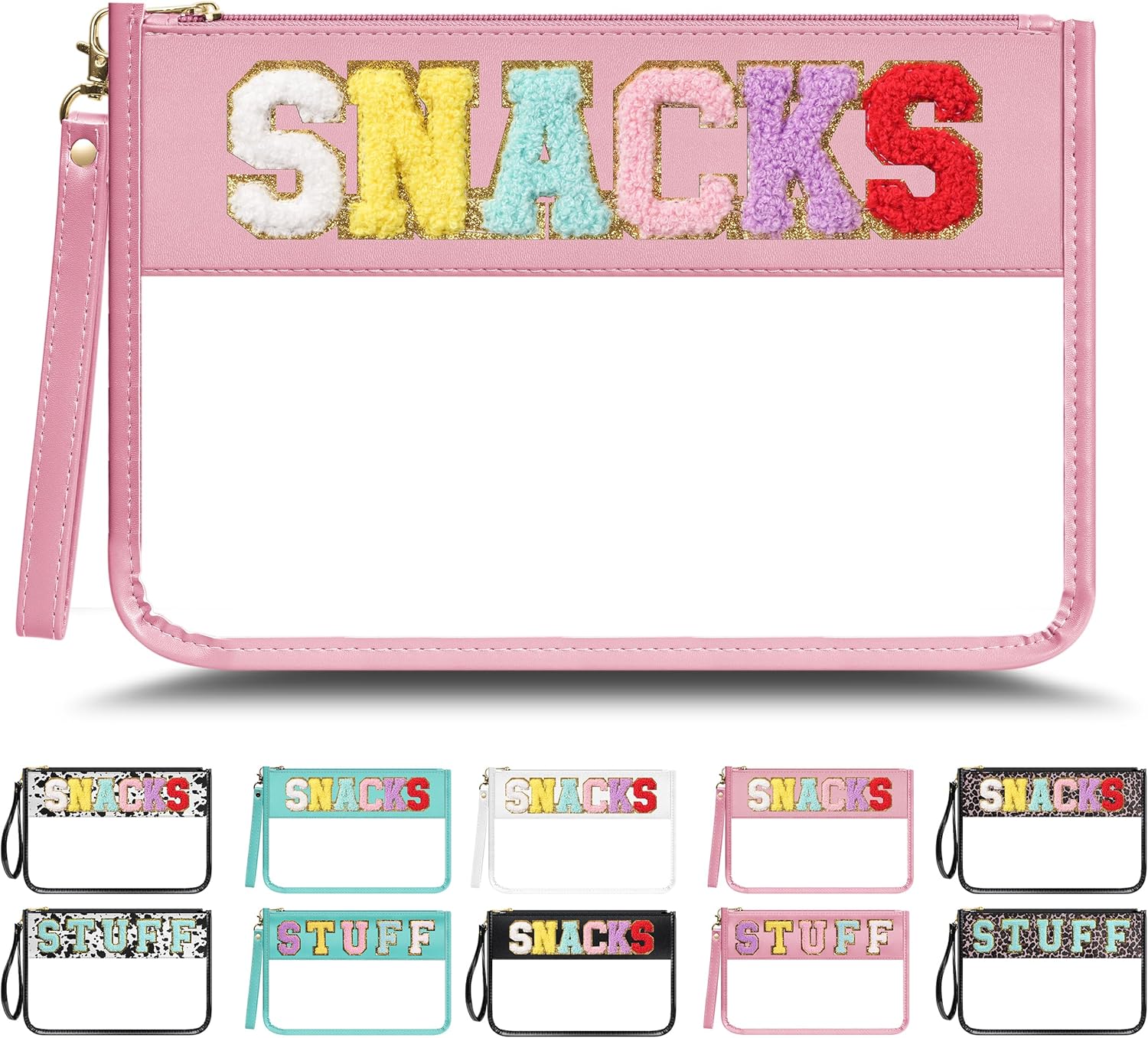 Large Chenille Letter Clear Zipper Pouch for Travel, Nylon Makeup Letter Bag, PVC Waterproof Cosmetic Bag, Snack Bags for Women Girls, Clear Stuff Bags For Travel(Pink-Snacks)