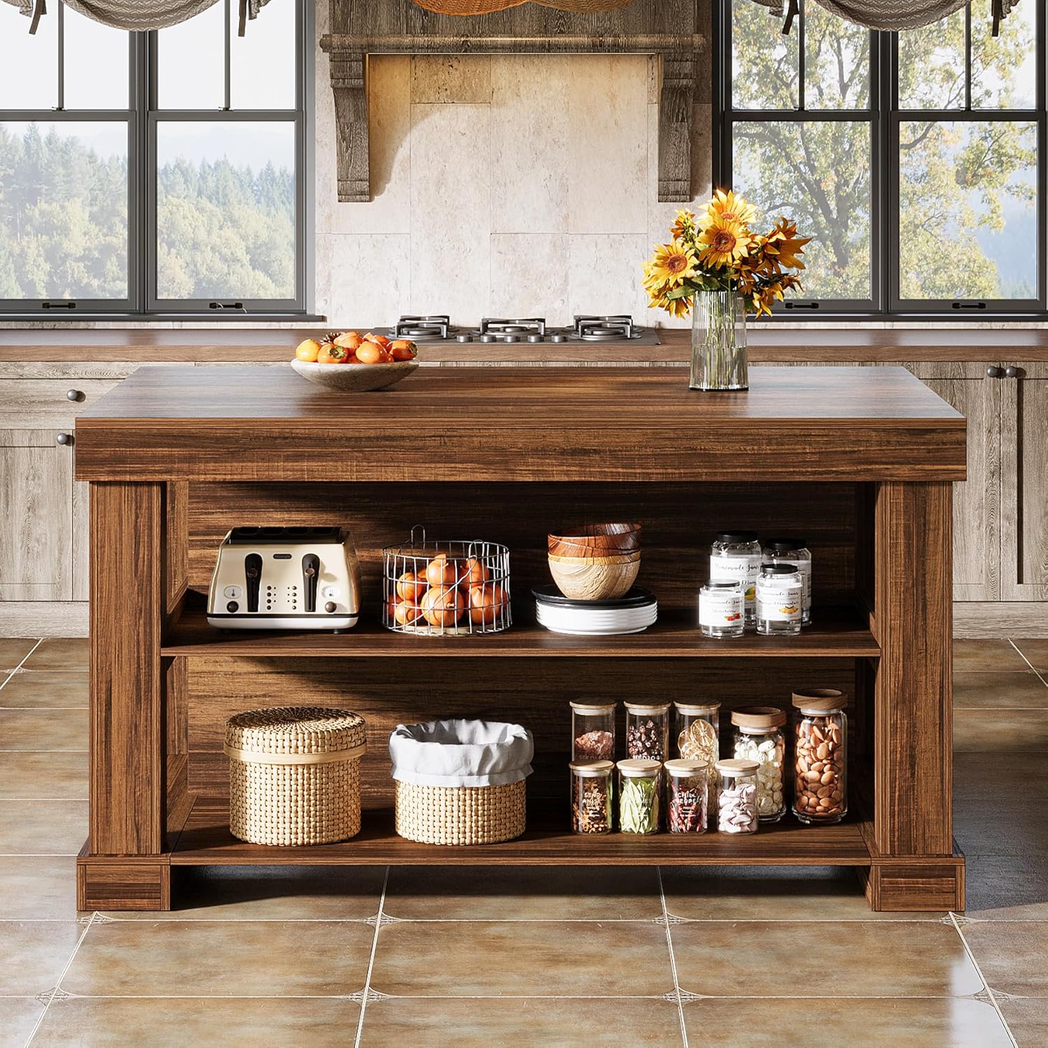 Image of the Tribesigns Bar Table used as a kitchen island, displaying kitchen items on its shelves.