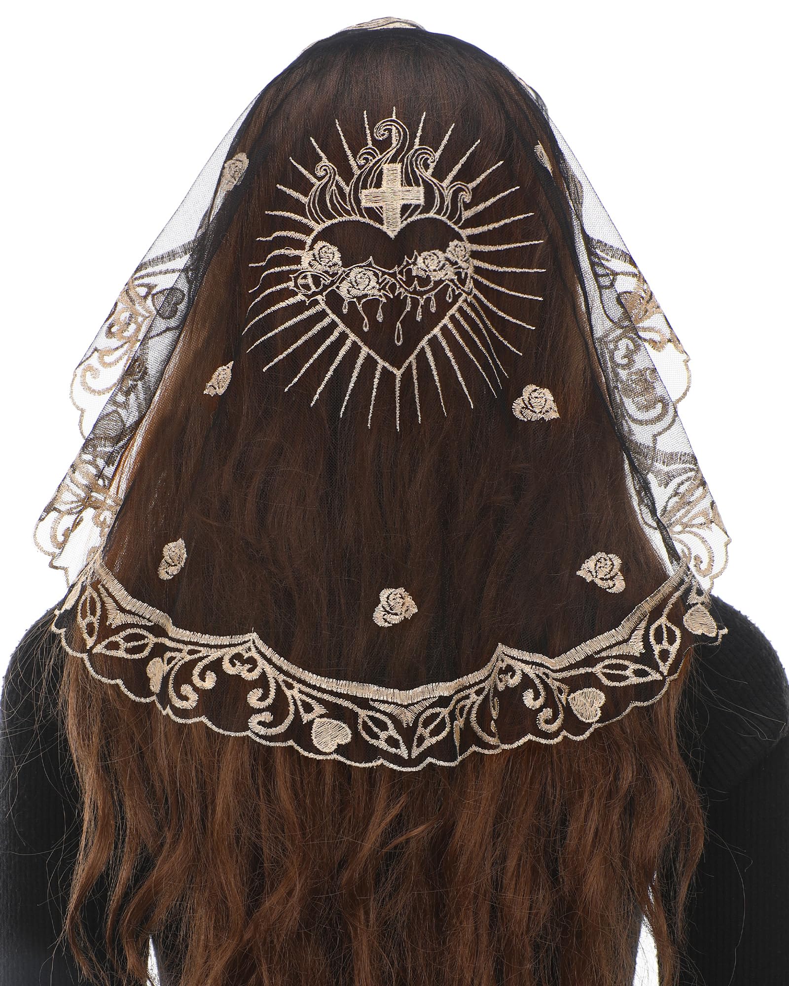Catholic Veils for Women - Mass Chapel Veils with Sacred Heart & Rose Pattern