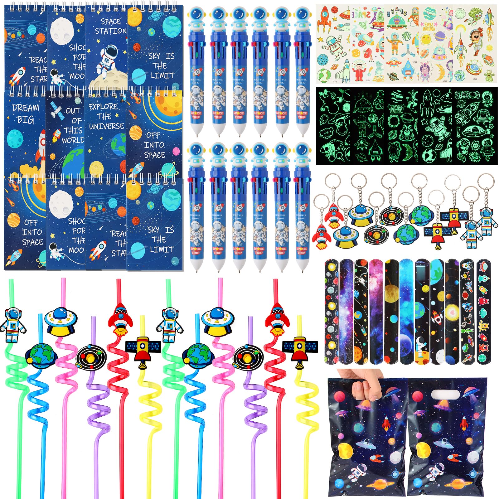 LiYiQ 87 Pcs Space Party Supplies Party Return Gifts Bulk with Space Spiral Notebooks 10 in 1 Pen Reusable Straws and Gift Bags Applicable to Birthday