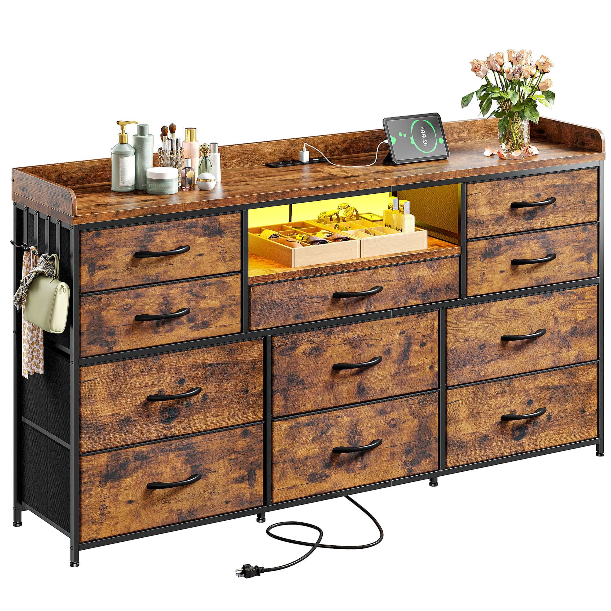 Dresser for Bedroom with LED Lights & Charging Station & 4 Hooks 11 Drawer Dressers & Chests of Drawers Long Fabric Dresser TV Stand for 60 inch TV