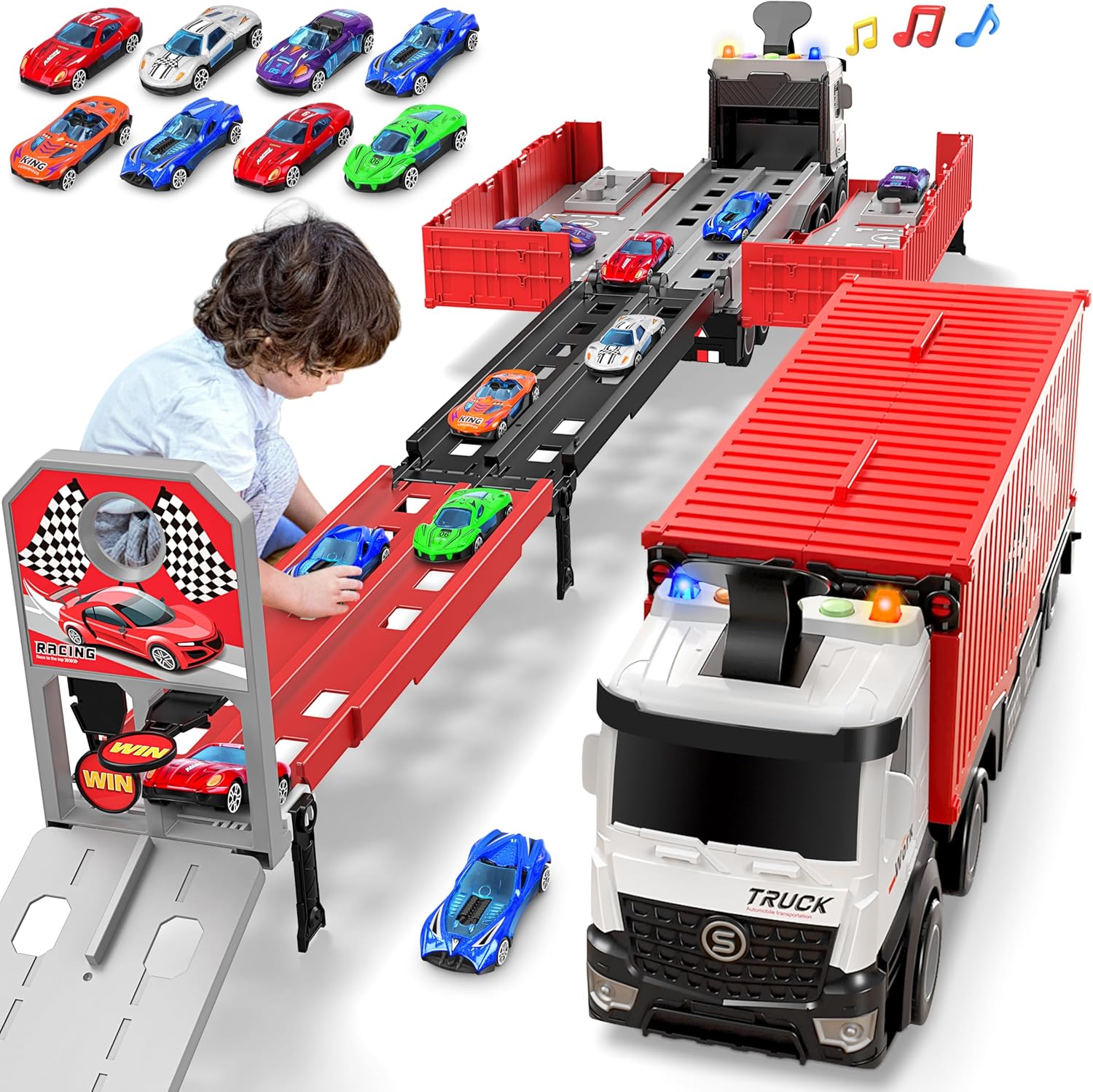 Carrier Truck Race Track Kids Toys, Foldable 3 Layer Toddler Track Playset, Toy Truck Transport Car Carrier & 8 Race Cars, Truck Car Toddlers Toys Xmas Gifts for Age 3 4 5 6+ Years Old Boys Girls Red