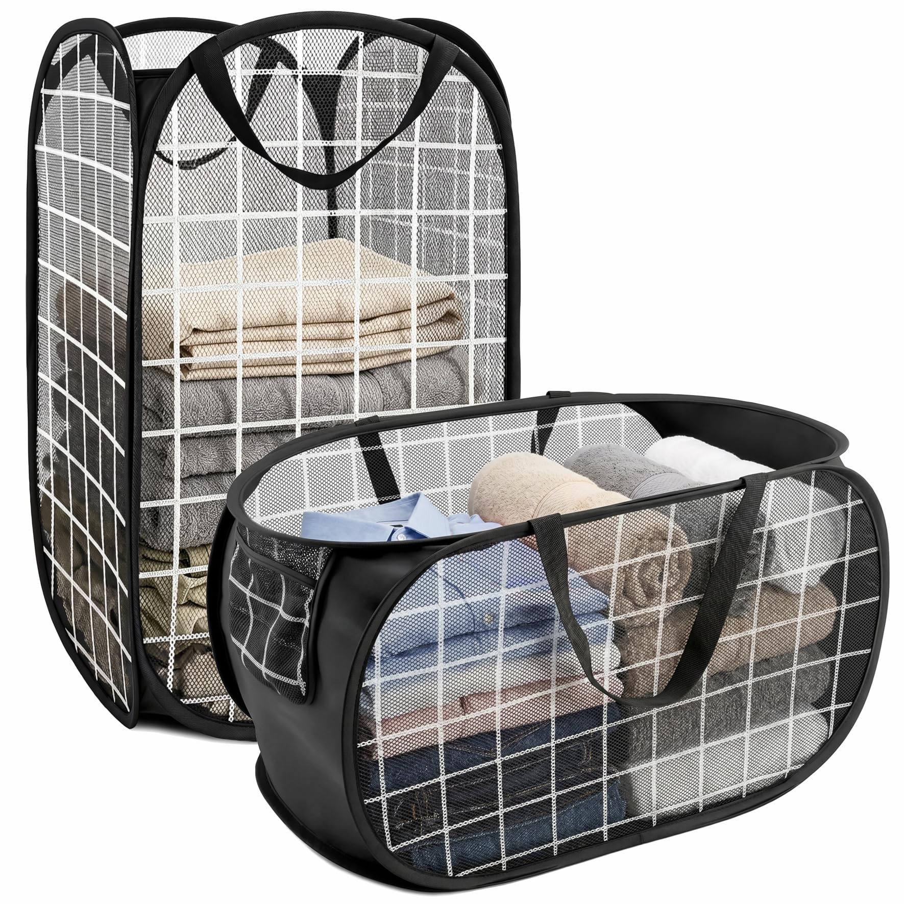 BOSNONA Pop Up Laundry Baskets Set 2 Pack 75L Foldable Laundry Basket Collapsible Laundry Baskets for Bedroom Dorm Travel (Black Check(Horizontal & Vertical)) โ image 1