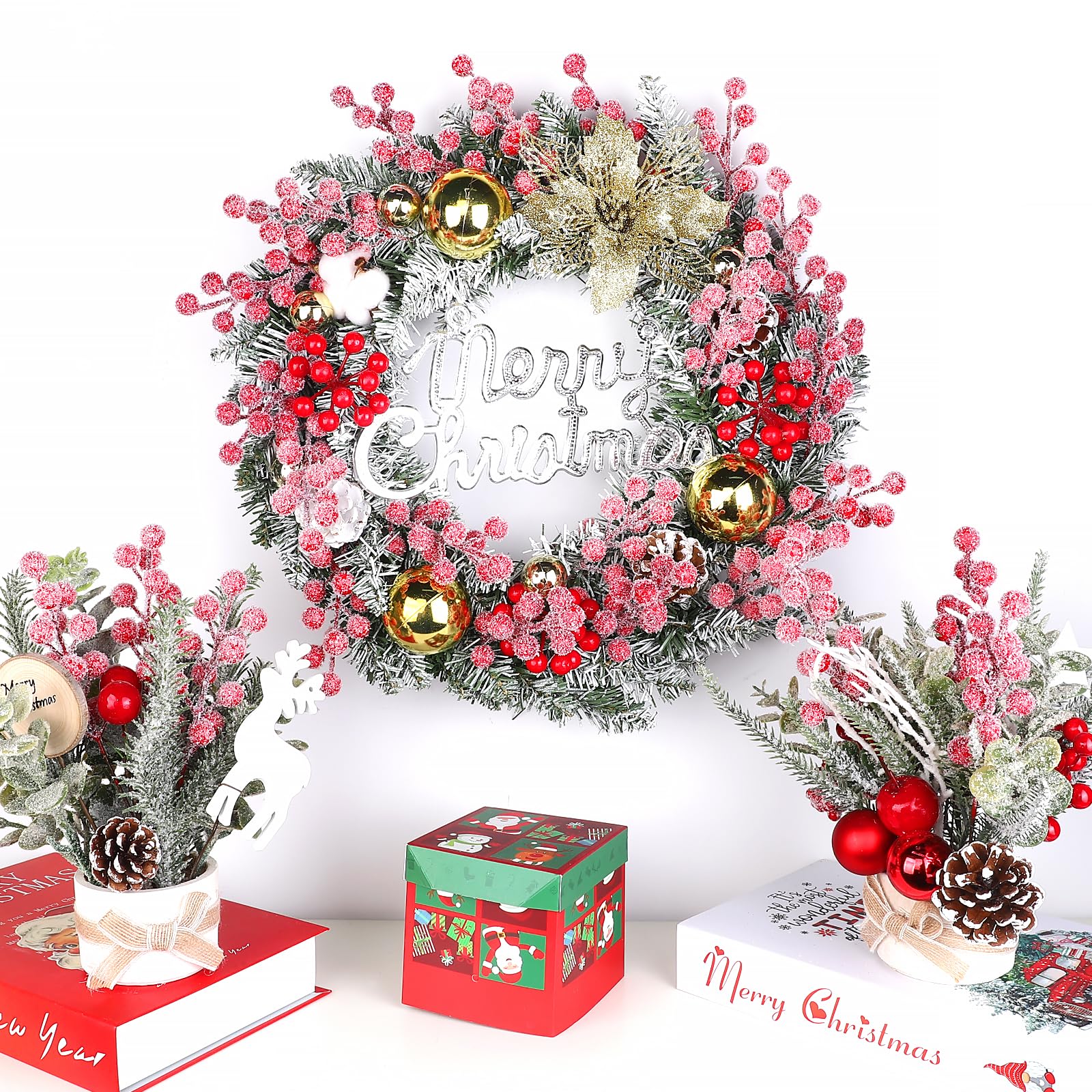 Fangoo 32 Pezzo 23 cm Artificiali Spruzzo Innevato Bacche Rosse Rami di Natale Bacche Rosse Decorazioni per Decorazione Albero di Natale Ghirlande Matrimonio Decorazioni per Feste In Casa