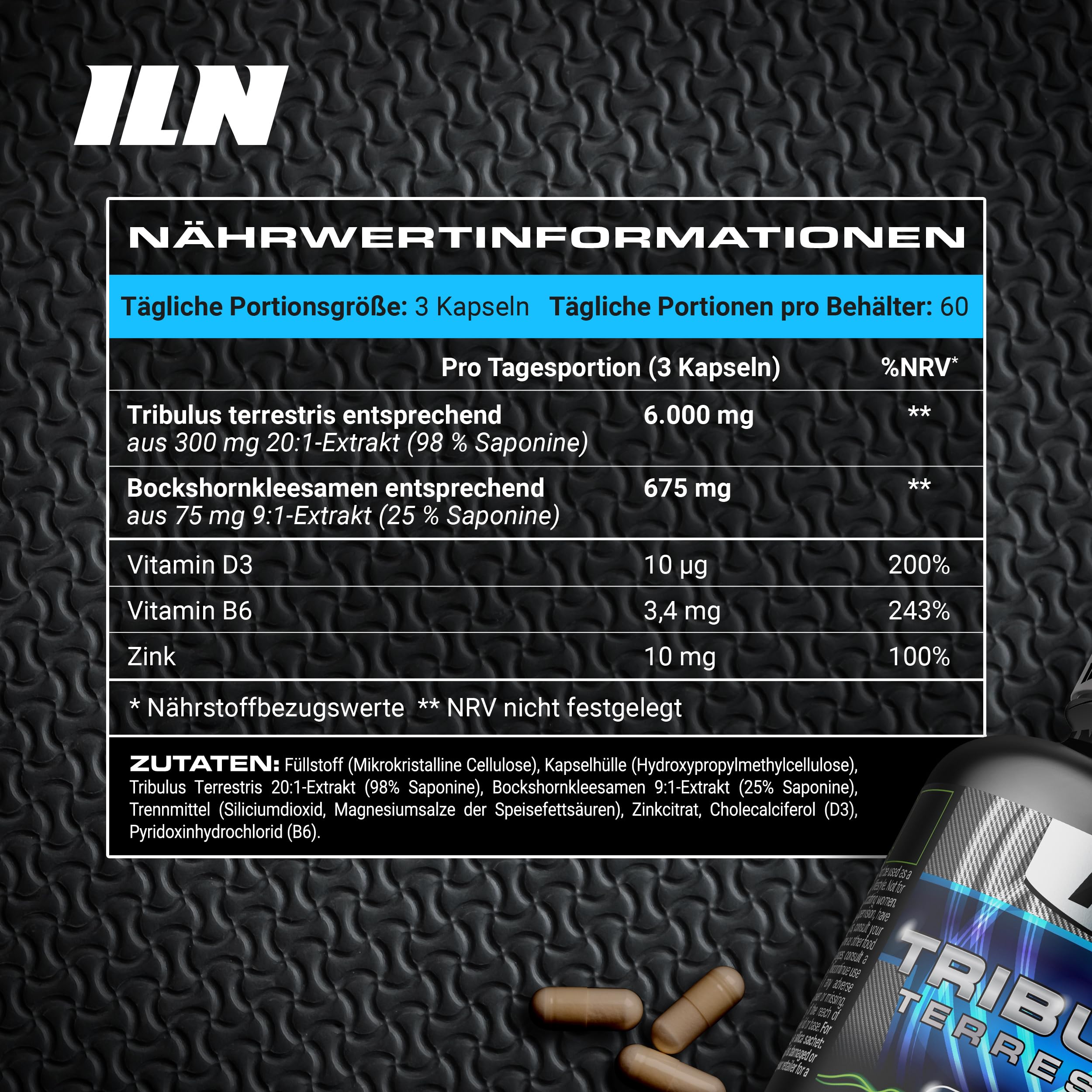 ILN Tribulus Terrestris hochdosiert 6000 mg Äquivalent - 98% Saponine - Kapseln für Männer und Frauen - 180 vegetarische Kapseln