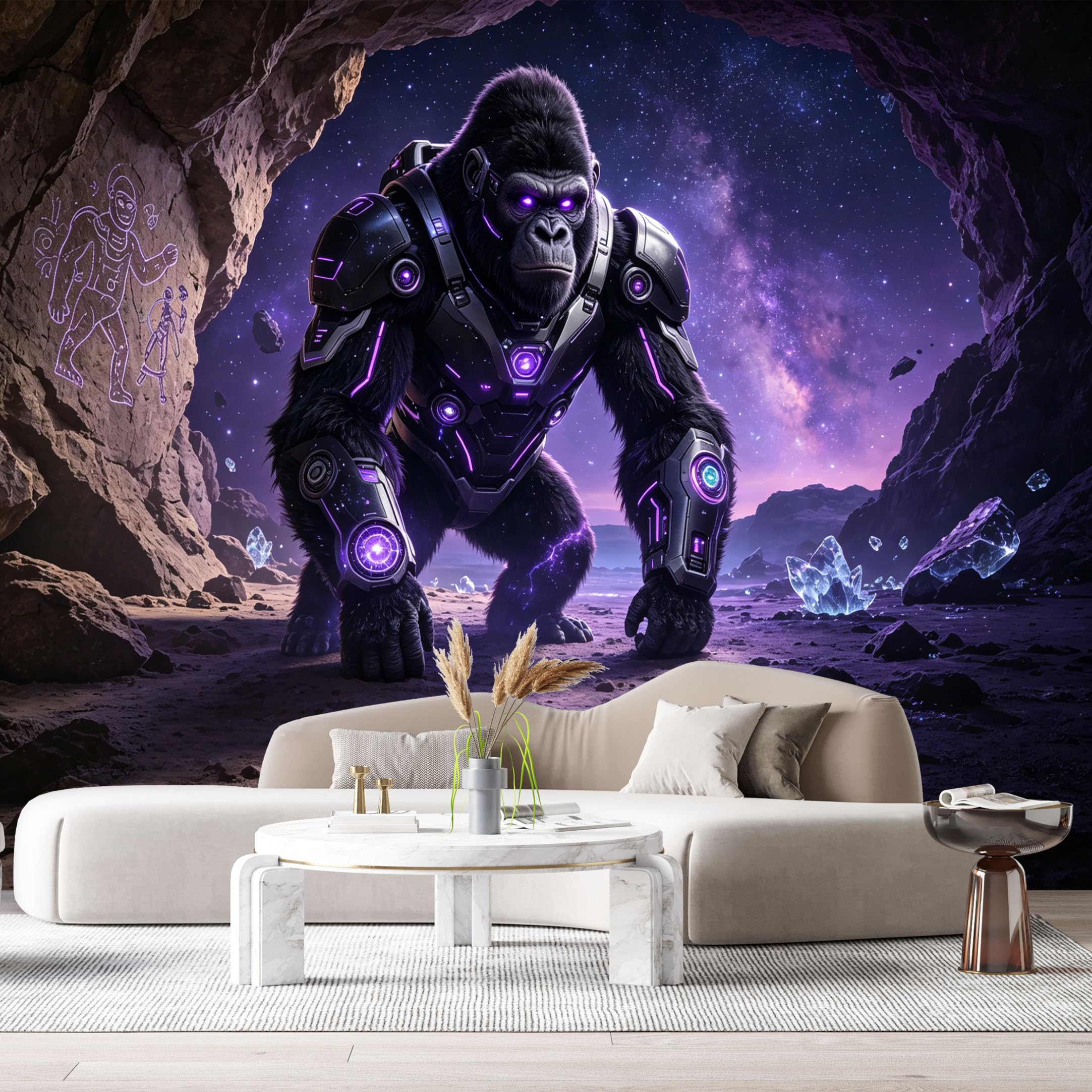 Custom Size Wall Mural Cyber Gorilla Mech SciFi Armor Purple Neon Futuristic Warrior 3D Art SelfAdhesive Art Prints Removable Large Wallpaper Esports Room Game Room Tenant Room Studio