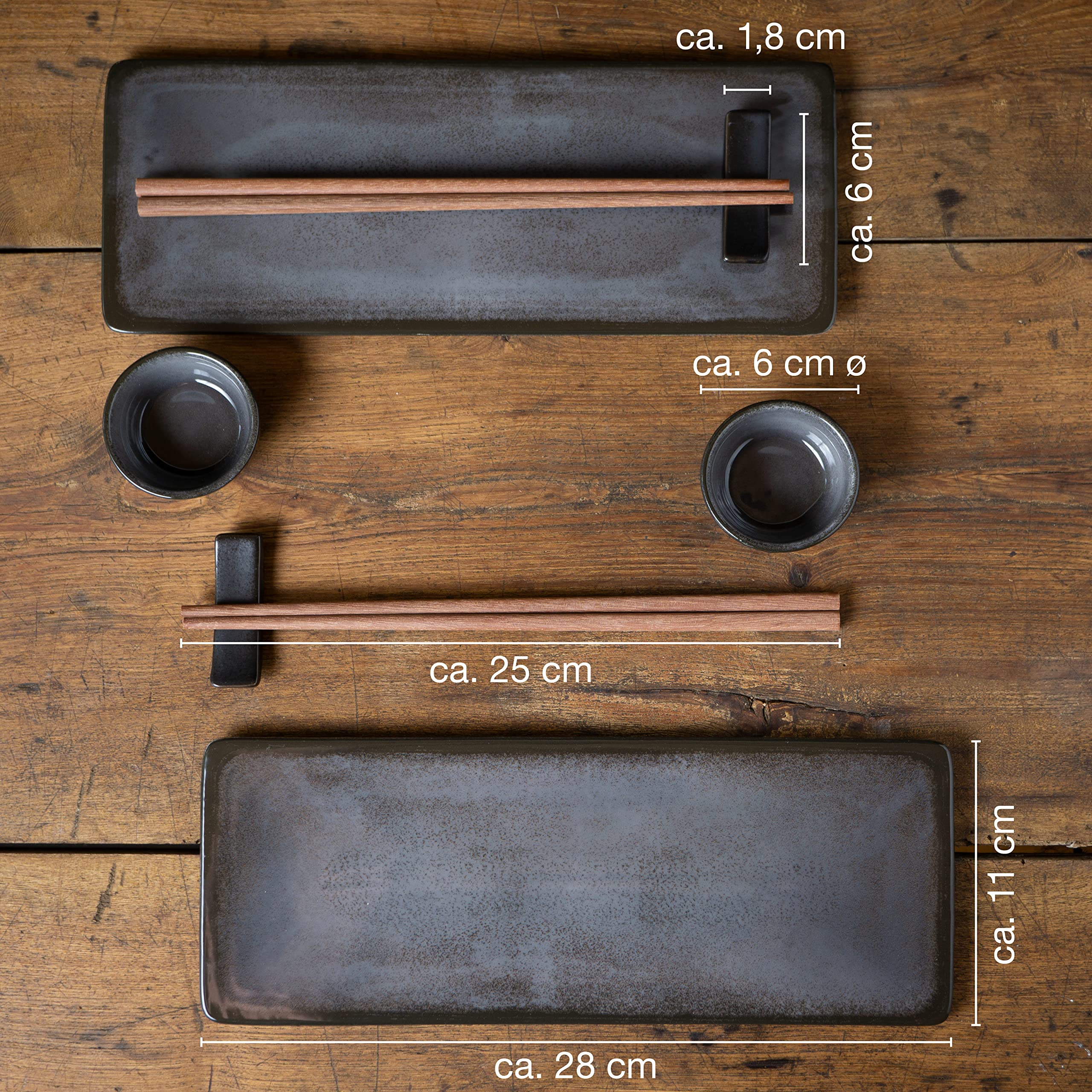 Moritz & Moritz VIDA 10-tlg. Sushi Geschirr Set für 2 Personen - Sushi Servierset mit 2x Sushi-Teller, Dip-Schälchen und Stäbchen