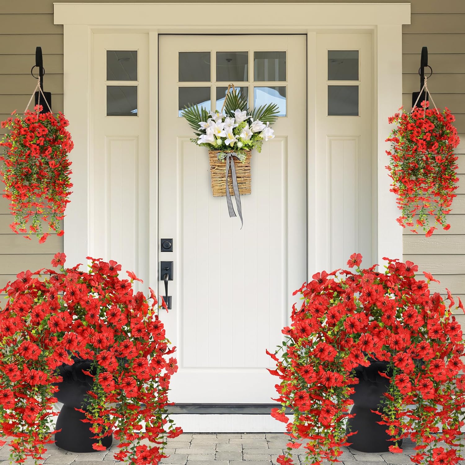 Sggvecsy Artificial Fake Hanging Flowers Plants for Outdoor Outside Spring Summer Decoration 2PCS Faux Silk UV Resistant Realistic Mums Daisy with Eucalyptus for Home Porch Patio Balcony(Red) - Image 2