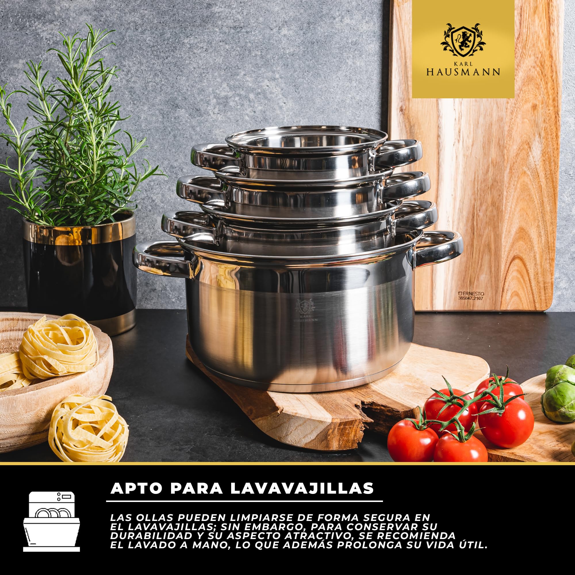 KARL HAUSMANN Batería de Cocina 4 Piezas Acero Inoxidable con Tapas Termómetro - Ollas Inducción, Juego de Ollas Cocina Uso Diario, Gas, Eléctrica, Vitrocerámica, 4 Tamaños