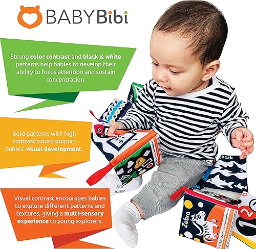 Miniatura 5 de Libros de tela juego de 6 Libros suaves de alto contraste Imágenes en blanco y negro que fomentan el desarrollo infantil adecuado para bebés y niños