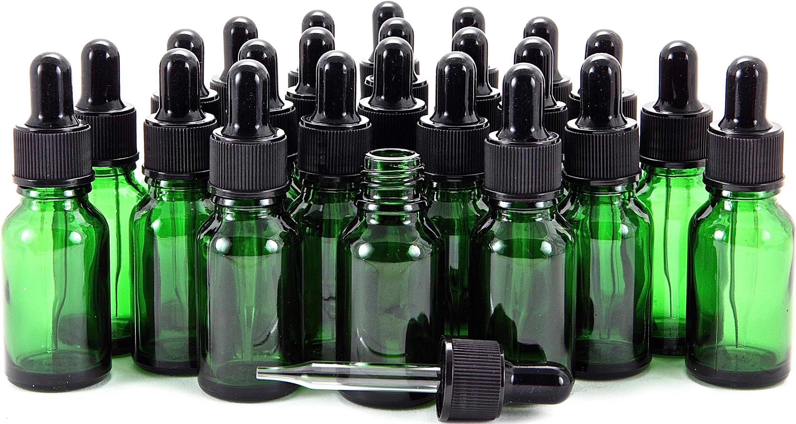 24, Green, 10 ml (1/3 oz) Glass Bottles, with Glass Eye Droppers
