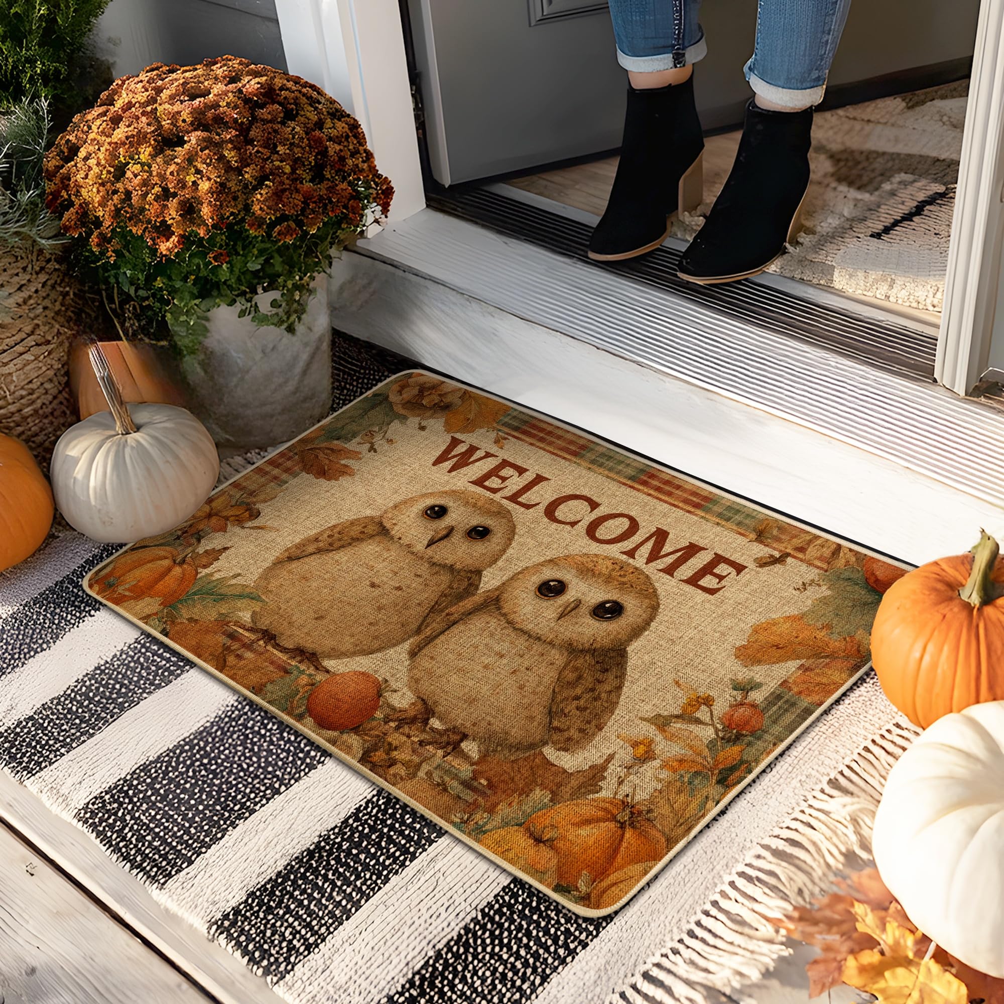 Fall Welcome Doormat, Brown Owl Door Mat for Indoor & Outdoor Entryway Autumn Decor, Rubber Waterproof Non-Slip Dust Absorbent Front Mats, Easy Clean 29x17 Inch