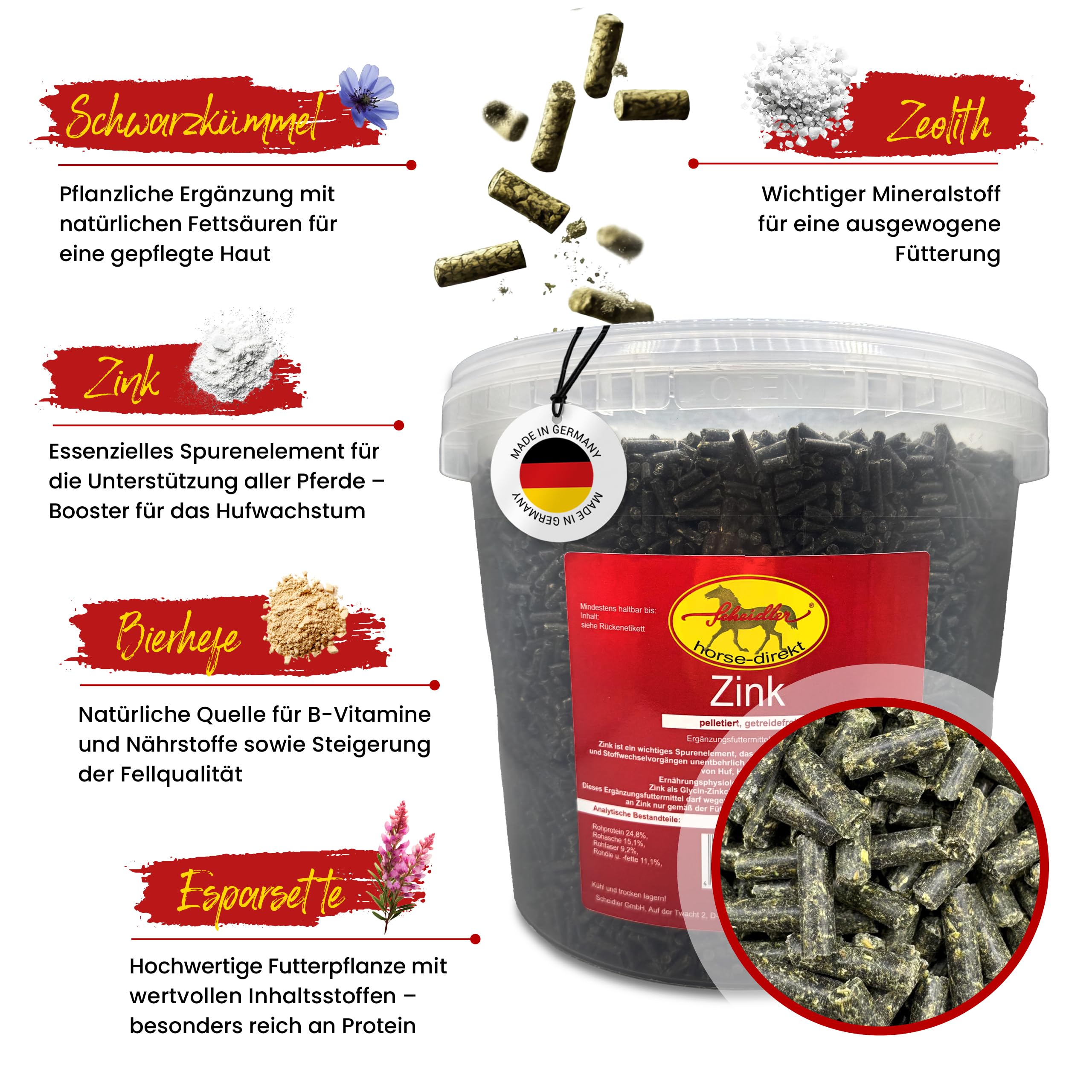 Scheidler horse-direkt Zink Komplex für Pferde - 4kg Pellets Eimer hochdosiert für Huf, Haut & Fell – Mit Bierhefe, Zeolith, Esparsette & Schwarzkümmel – Getreidefrei - Alle wichtigen Mineralien