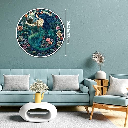 Miniatura 6 de Rompecabezas de sirena oceánica de 1000 piezas, rompecabezas de mandala de hadas de princesa marina para adultos, rompecabezas redondos verdes