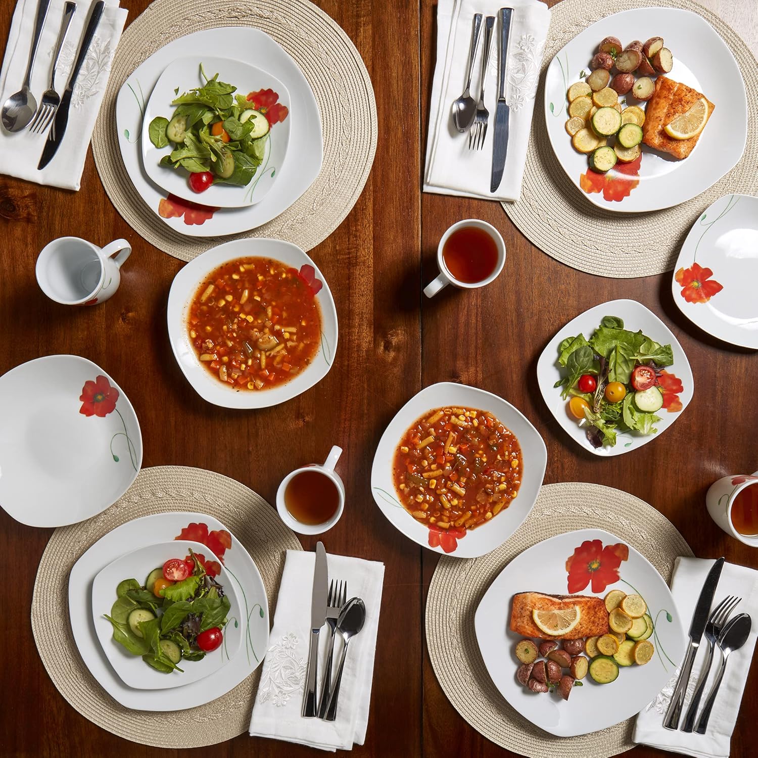 Tabletops Gallery Poppy - 16 Piece Square Dinnerware Set, Service of 4